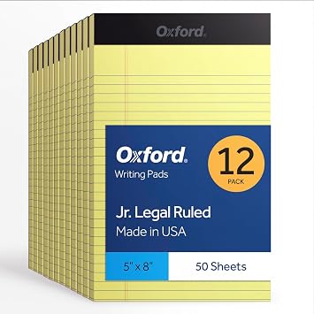 Oxford Premium Legal Pads, 12 Pack, Premium Note Pads, 50 Jr. Legal Ruled 5" x 8" Sheets, Canary Yellow Paper with Firm Back, Small Portable Notepads