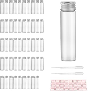 USAMILY 50PCS 20ml Clear Liquid Sample Glass Vials with Screw Caps and Plastic Stoppers, Included Pipette and Labels
