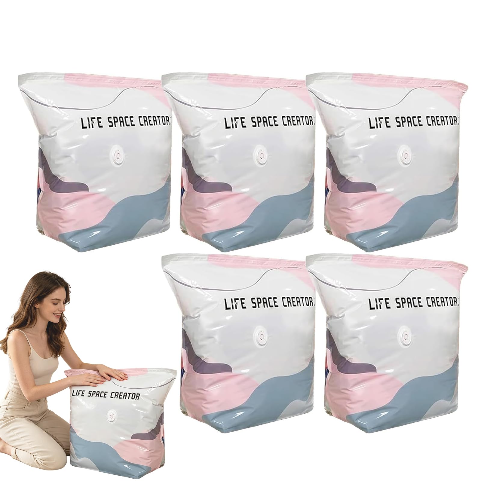 Multi-Pack No-Pump 3D Vacuum Storage Bags, PA+PE Tear Resistance Material, Reduce 80% Volume, One-Touch Quick Air Release, Reusable, Extra-Large Capacity, for Clothes, Bedding & Travel (M*5)