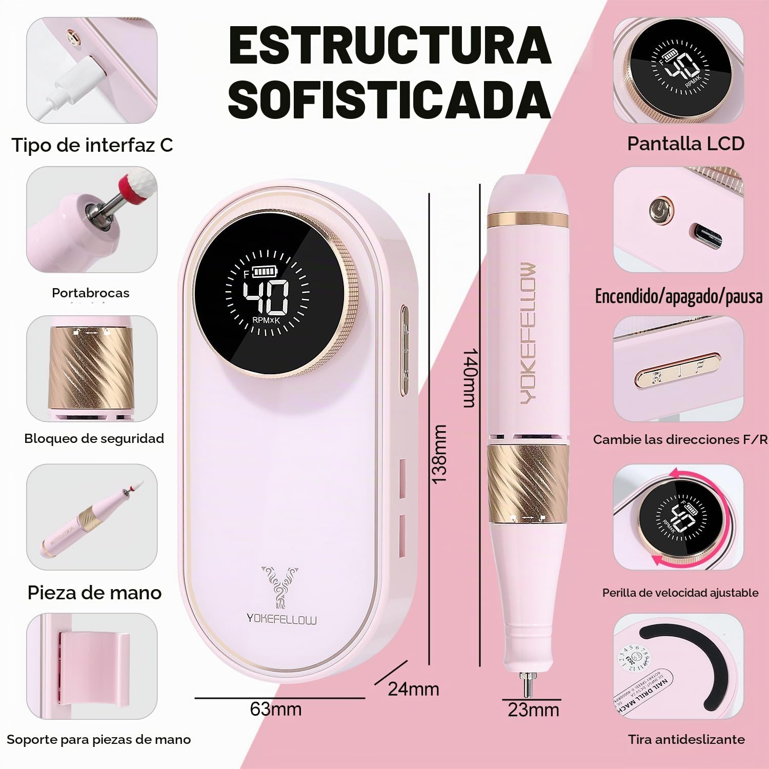 YOKE FELLOW Taladro de uñas profesional de 40000 RPM con 12 brocas para lima de uñas eléctrica, manicura, pedicura, uso doméstico (rosa)