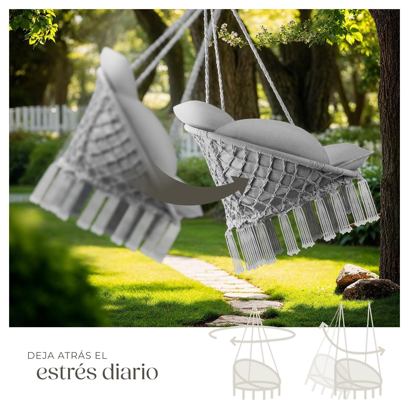tectake® Cesta Colgante de Estilo Boho Ø 80 cm, Cojines Gruesos de 10-12 cm, Sillón Balancín con Robustas Borlas y 2 Anillas de Fijación, para Interior y Exterior, Cap. de Carga: 160 kg - Gris