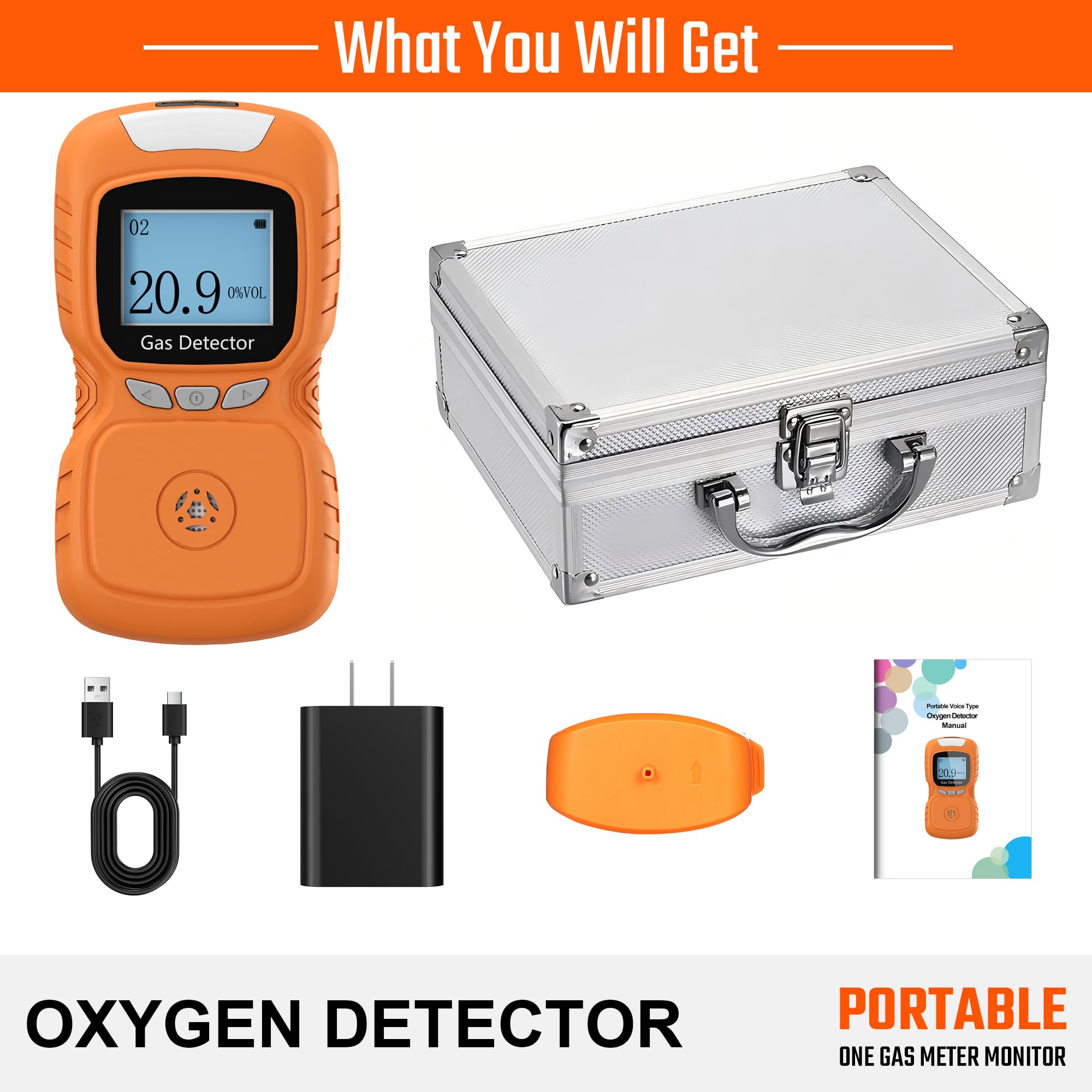 Detector de oxígeno portátil, monitor de gas 0-30% VOL O2, respuesta rápida de 0,5 s, medidor de oxígeno recargable con alarmas de vibración, luz y sonido, a prueba de polvo y explosiones (naranja)