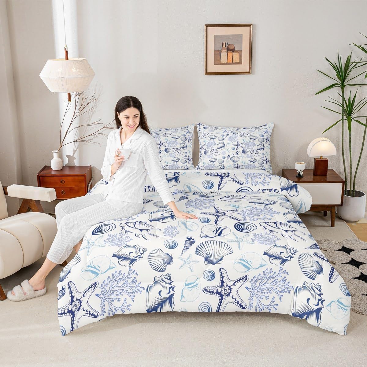 Homewish Sea Coastal Comforter Set Queen Size,Beach Seashell Starfish Coral Bedding Set 3Pcs,Ocean Theme Quilt Set for Kids Teens Adult Bedroom Decor,Navy Sketch Nautical Duvet Insert,2 Pillowcases