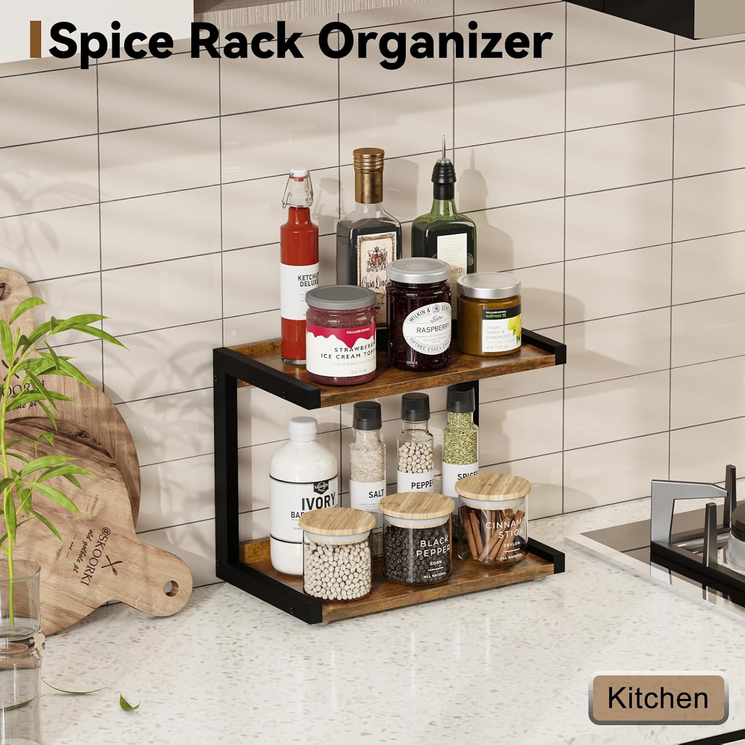 MARTY 2 Tier 12.6"x7.7" Counter Shelf Organizer Kitchen Spice Rack for Countertop, Coffee Station Organizer for Mugs Cups, Wood Shelf Desk Storage Organizer for Bathroom Home Office (Rustic Brown)