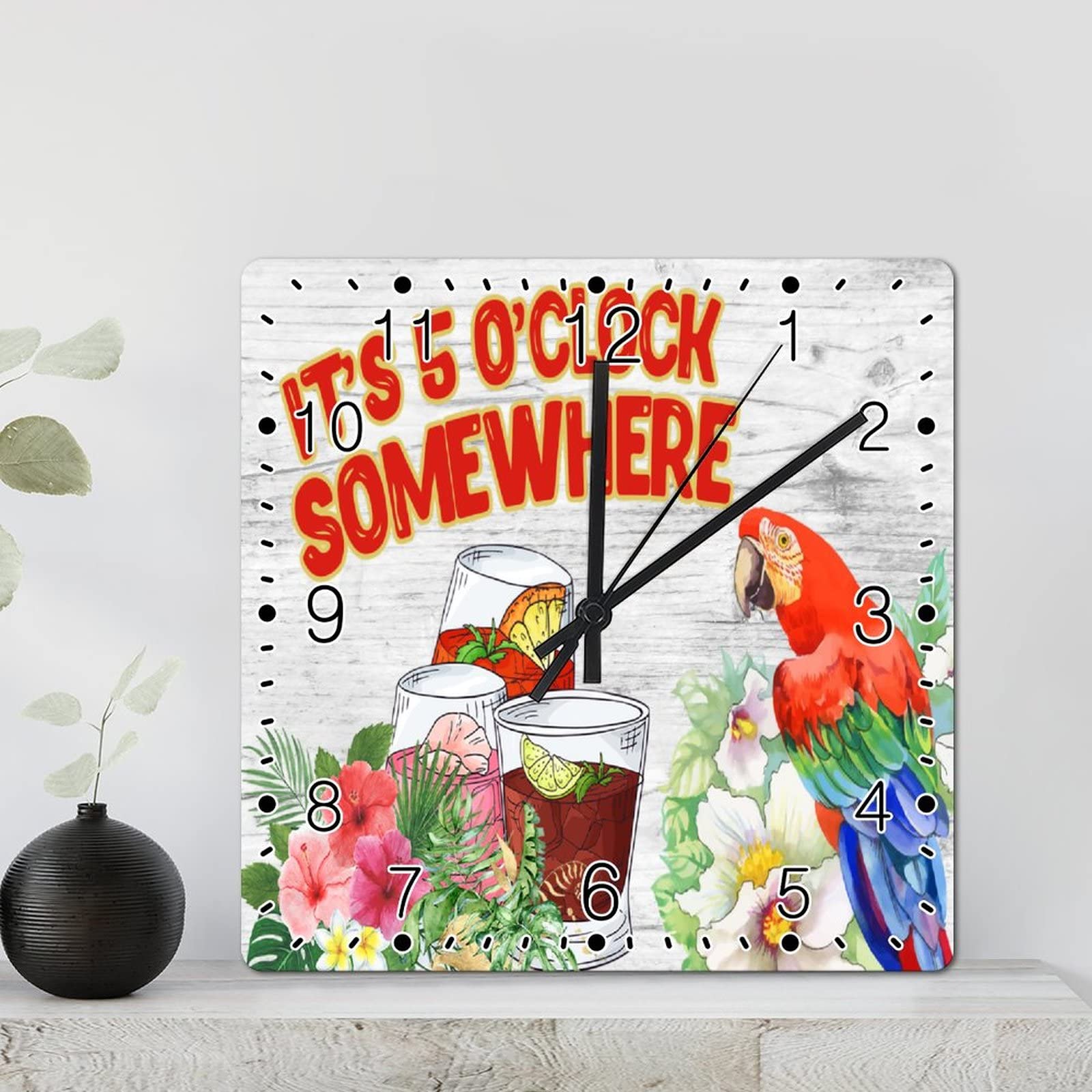 Horloge murale rustique fleurs tropicales perroquets décoration hawaïenne
