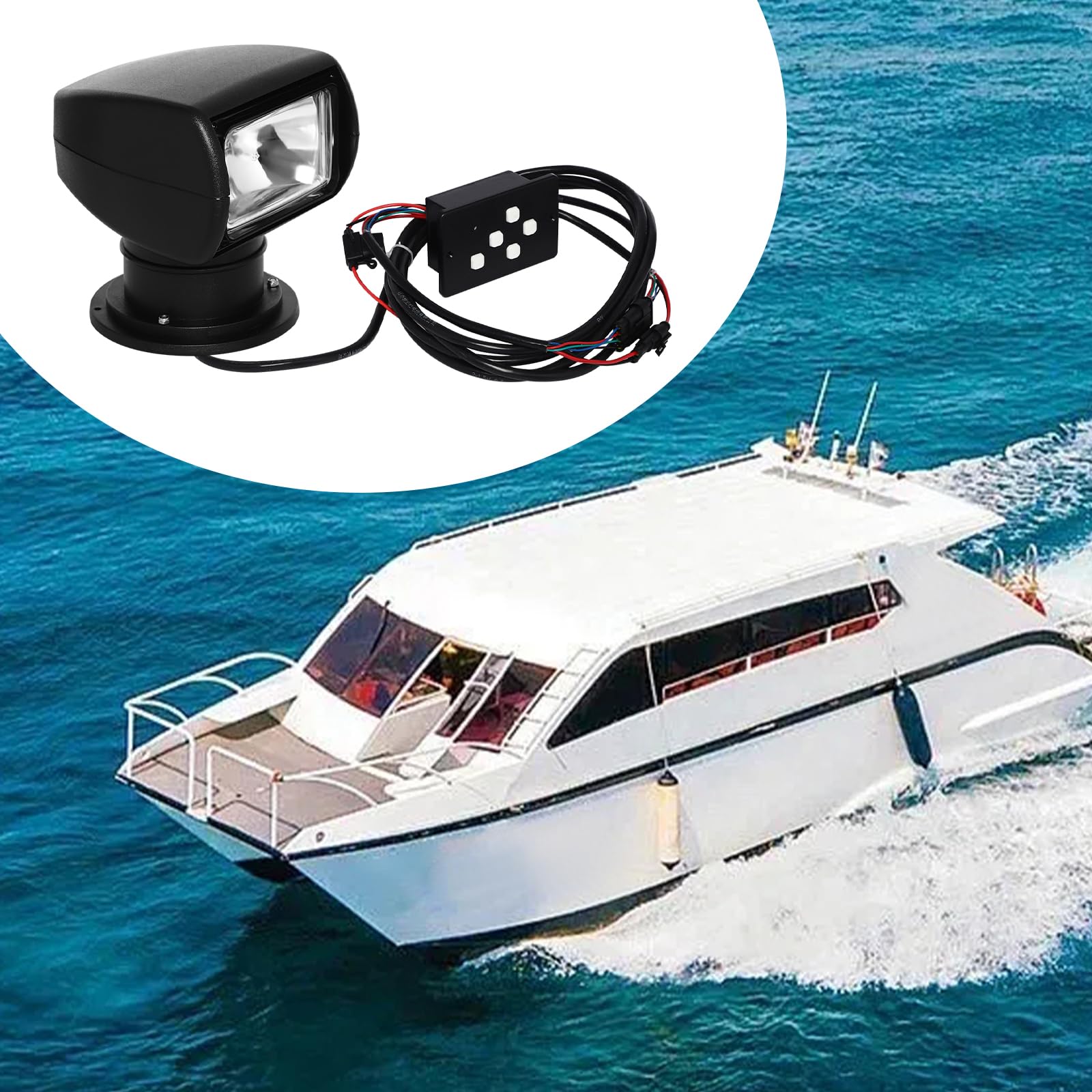 Marine Boot - Faro di ricerca 100 W, 12 V, telecomando, luce di ricerca sinistra destra, rotazione 355° con telecomando, luce di ricerca portatile per navi notturne, pattuglia marittima (nero)