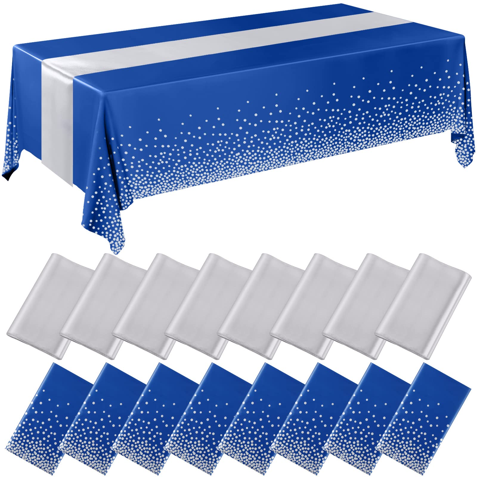 Tudomro 16 manteles desechables de plástico rectangular de 54 x 108 pulgadas con camino de mesa de satén de 12 x 108 pulgadas para decoración de bodas, fiestas de cumpleaños (plateado y azul oscuro)