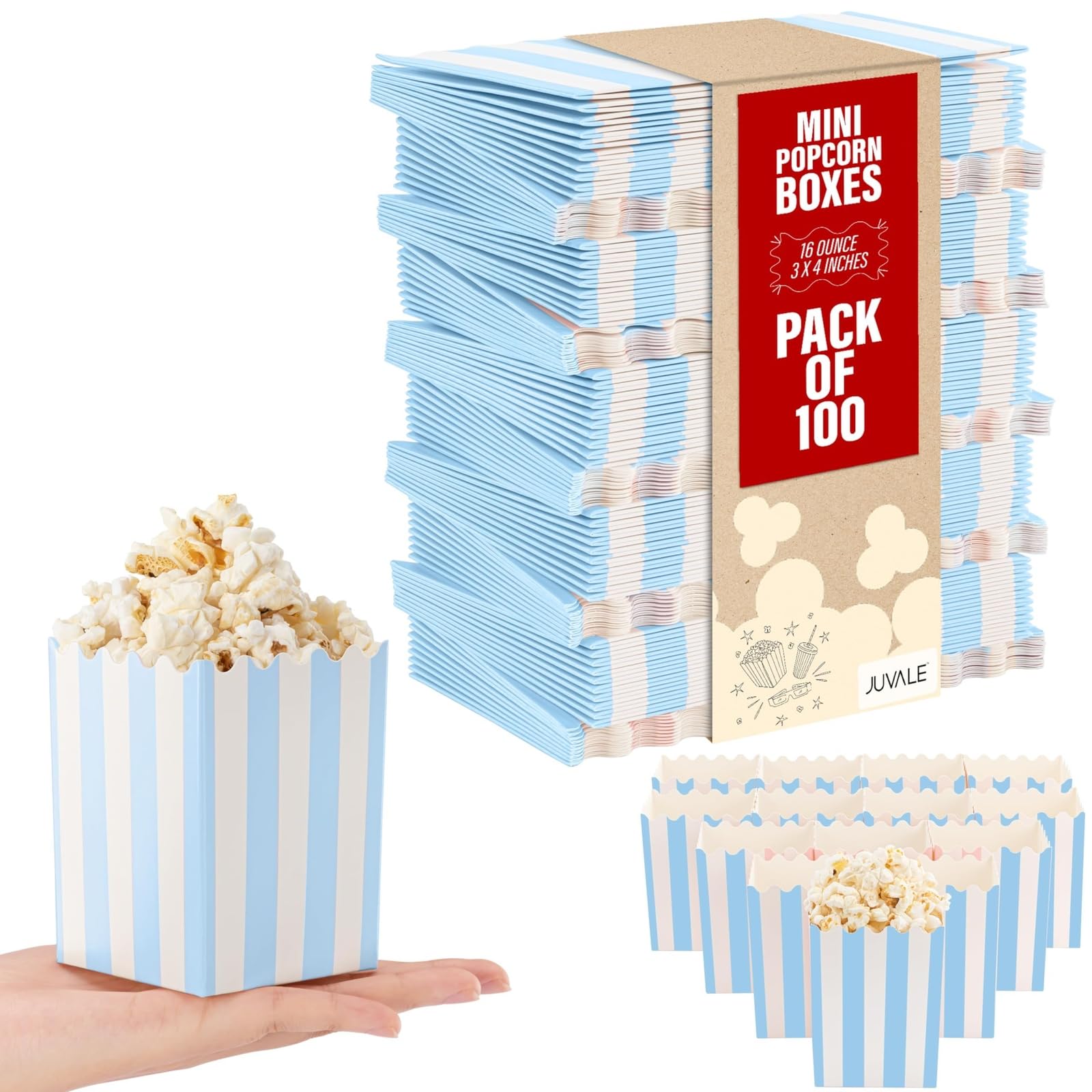 Juvale Mini Popcorn Boxes 100 Pack - Blue and White Striped Small Popcorn Containers for Party Favors, Movie Nights, Carnival Decorations, Circus