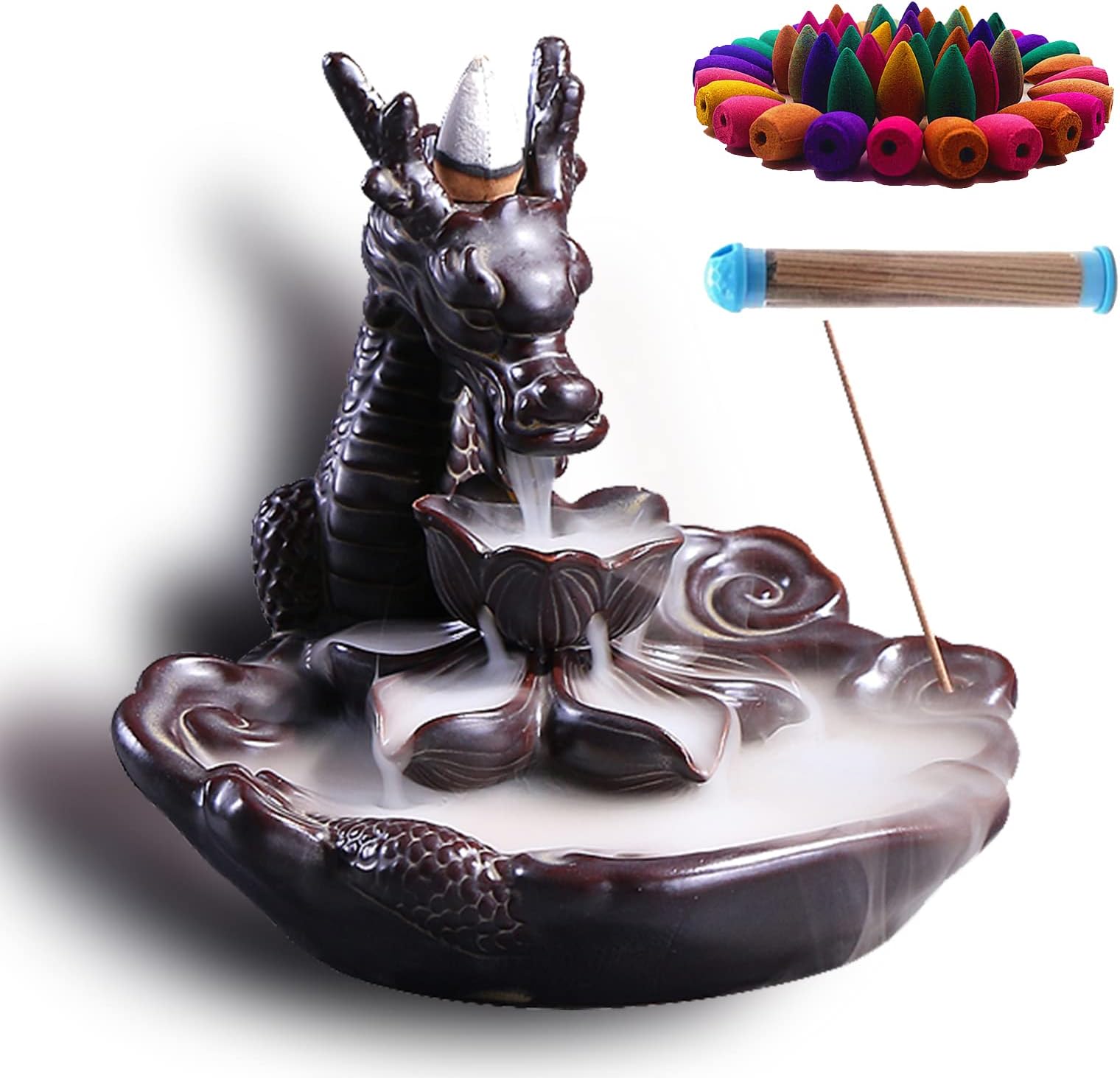 Dragon Ceramic Smoke Backflow Incense Burner - Waterfall Holder Includes Incense Cones and Sticks
