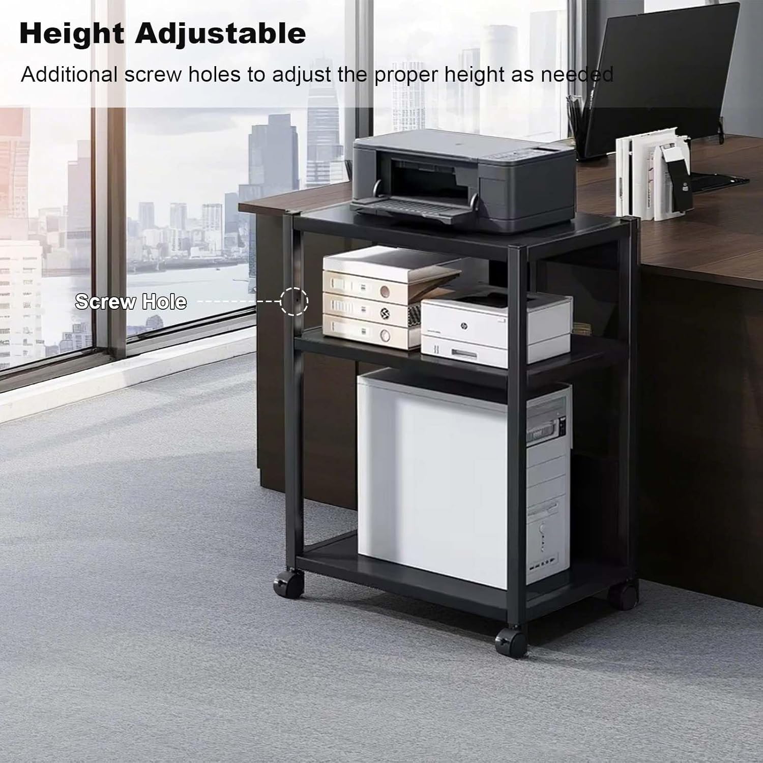 PC Stand Computer Tower Stand, 3 Tier Mobile Printer Holder On Wheels Under Desk with Storage, Height Adjustable, Metal CPU Holder Cart for Most PC