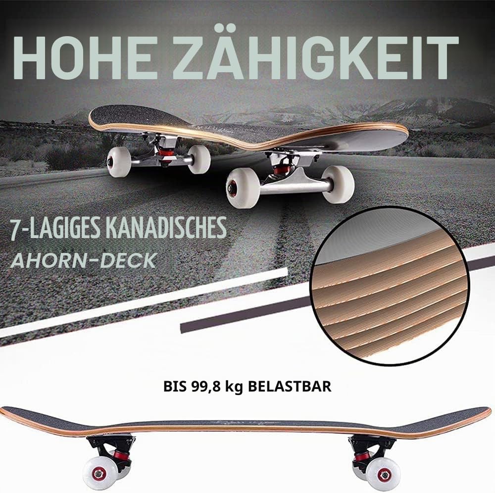 31-Zoll-Standard-Skateboard, 7 Lagen Ahorn-Board-Oberfläche, geeignet für Kinder, Jugendliche, Erwachsene, Anfänger und Profis, mit Einer maximalen Belastung von 150 kg
