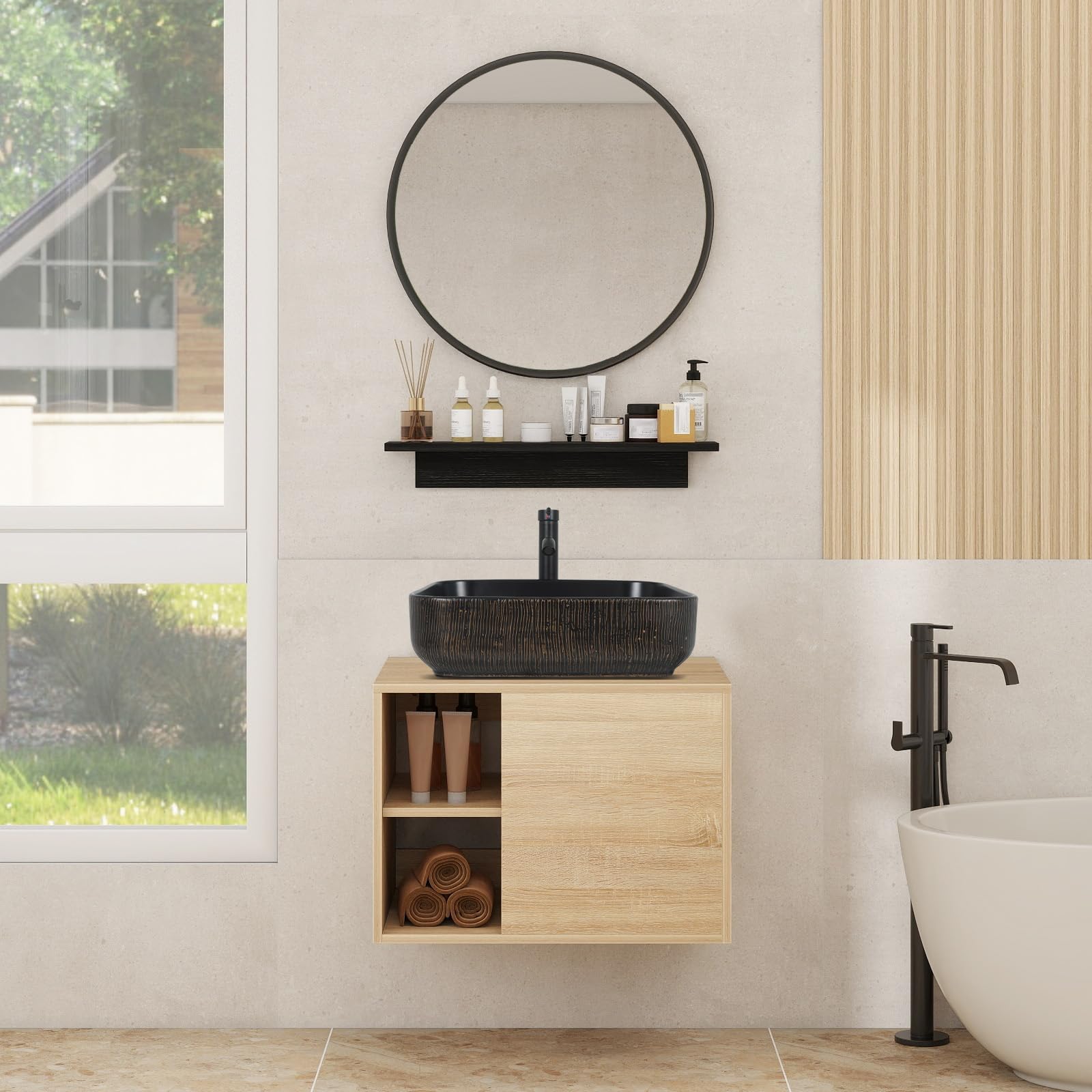 YOURLITE 24" Floating Bathroom Vanity, Wall-Mounted Bathroom Vanity and Sink Combo with Mirror and Faucet & Pop Up Drain Set, Black Vessel Sink