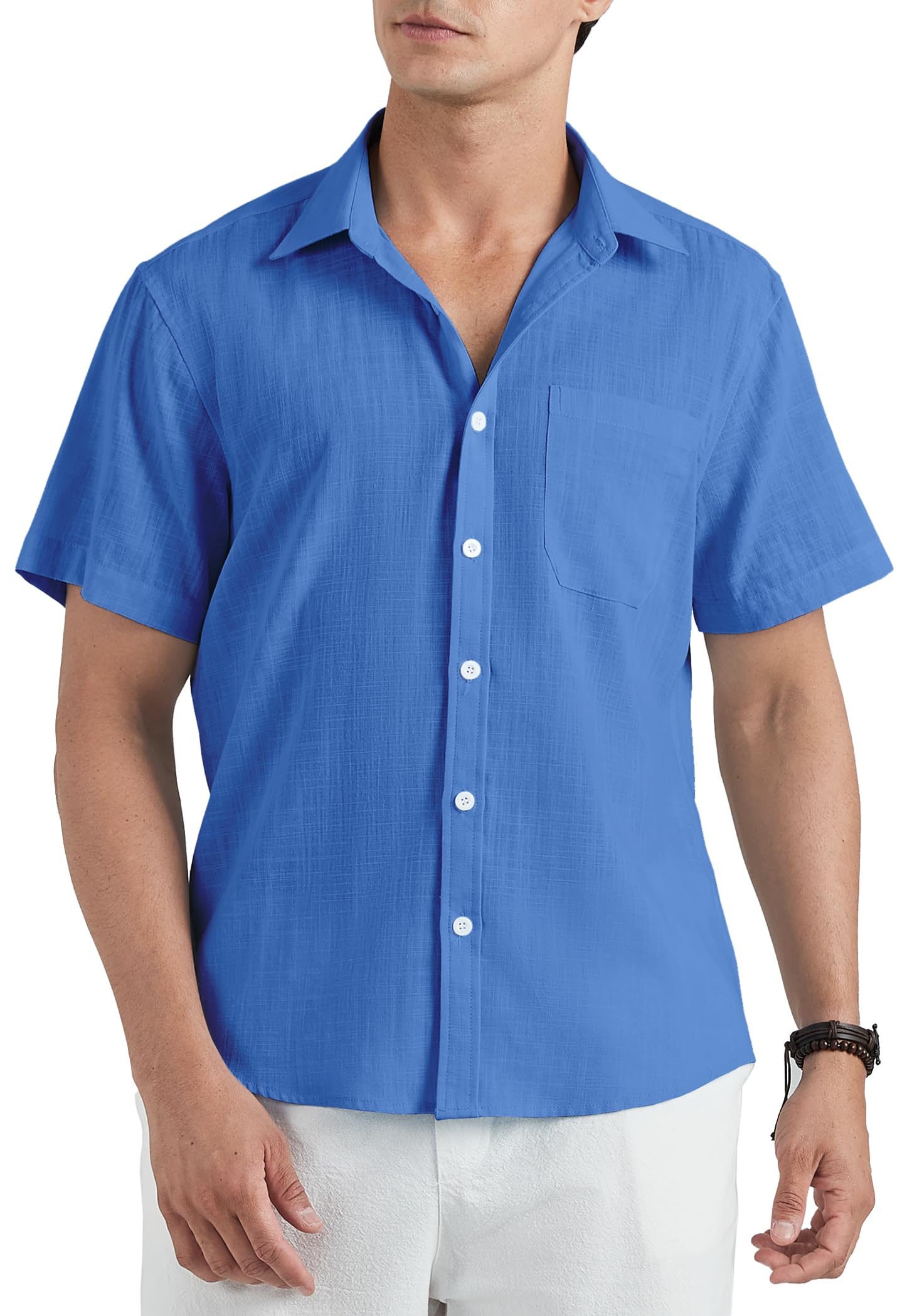 HISDERN Camisa Lino Hombre Manga Corta Casual Verano Color Sólido Camisas Elegante Algodón Camisa con Bolsillo con Botónes Shirt Regular Fit