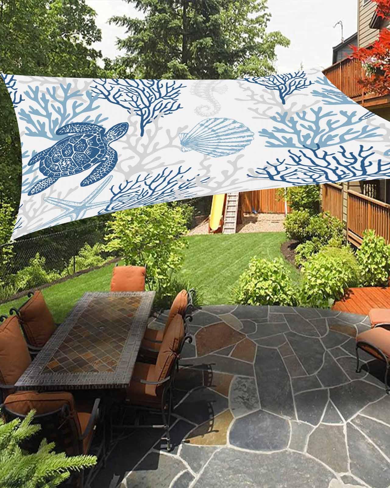 Coastal Coral Turtle Sun Sail Shades Rectangle Canopy,Sunlight Block Heavy Duty Curved Backyard Shade Cover,Waterproof Sun Shades for Patio Outdoor,14'x18' Summer Ocean Coastal Shell Starfish Seahorse
