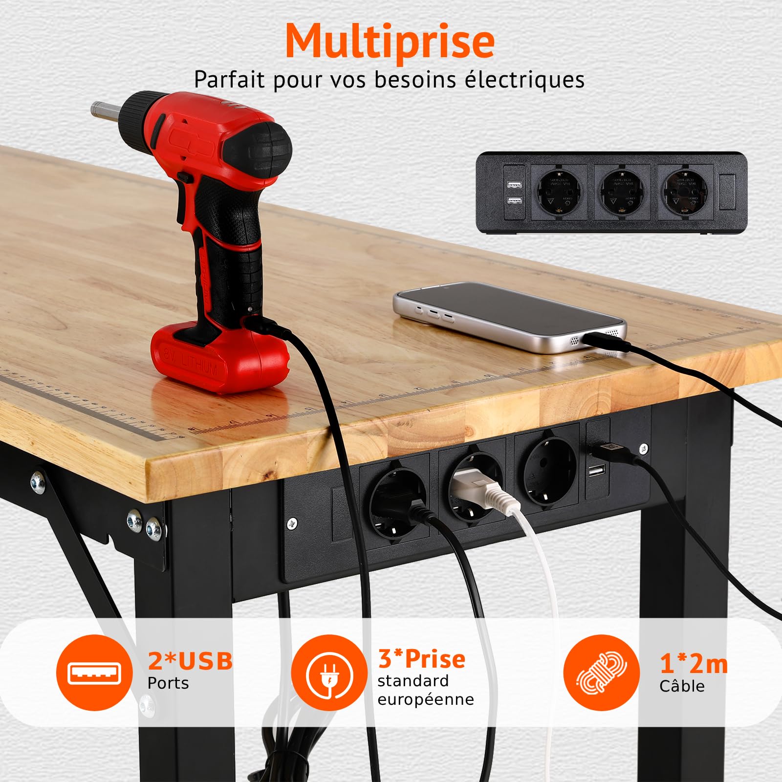 TLGREEN Établi Garage Réglable de Travail,122CM Table en Bois de Caoutchouc | Établi Atelier avec Multiprise et Panneau Perforé, Réglable 5 Hauteurs, 907kg Capacité, 15 PCS Crochets, pour Bureau Maison