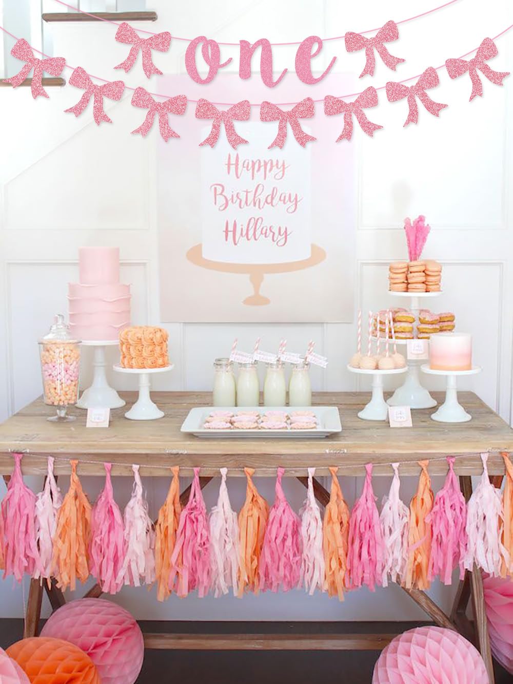 Rosa Schleifen Hochstuhl-Banner Für 1. Geburtstag – 198x20 Cm, Rosa-weiß Kariert, Mit Quasten, Für Mädchen-Partys