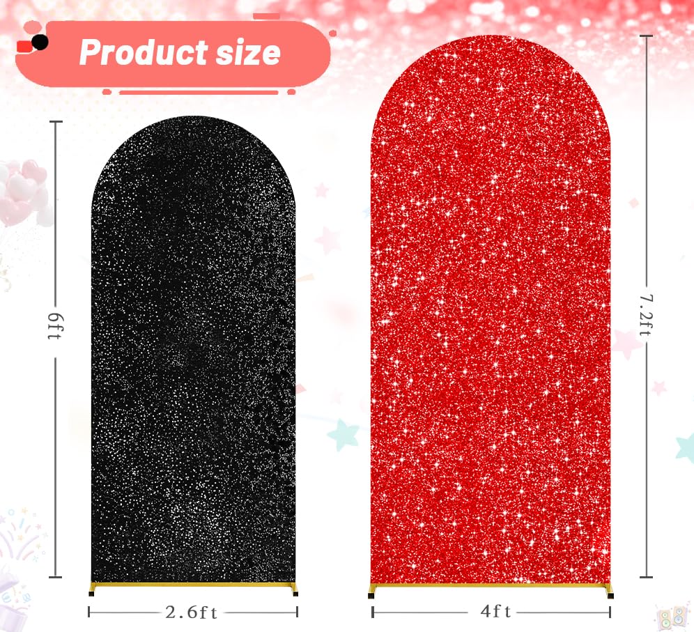 Image of Red Black Sequin Arch Backdrop Cover Set of 2 (7.2ft+6ft) Round Top Chiara Arch Background Balloon Arch Cover for Birthday Wedding Graduation Anniversary Decorations