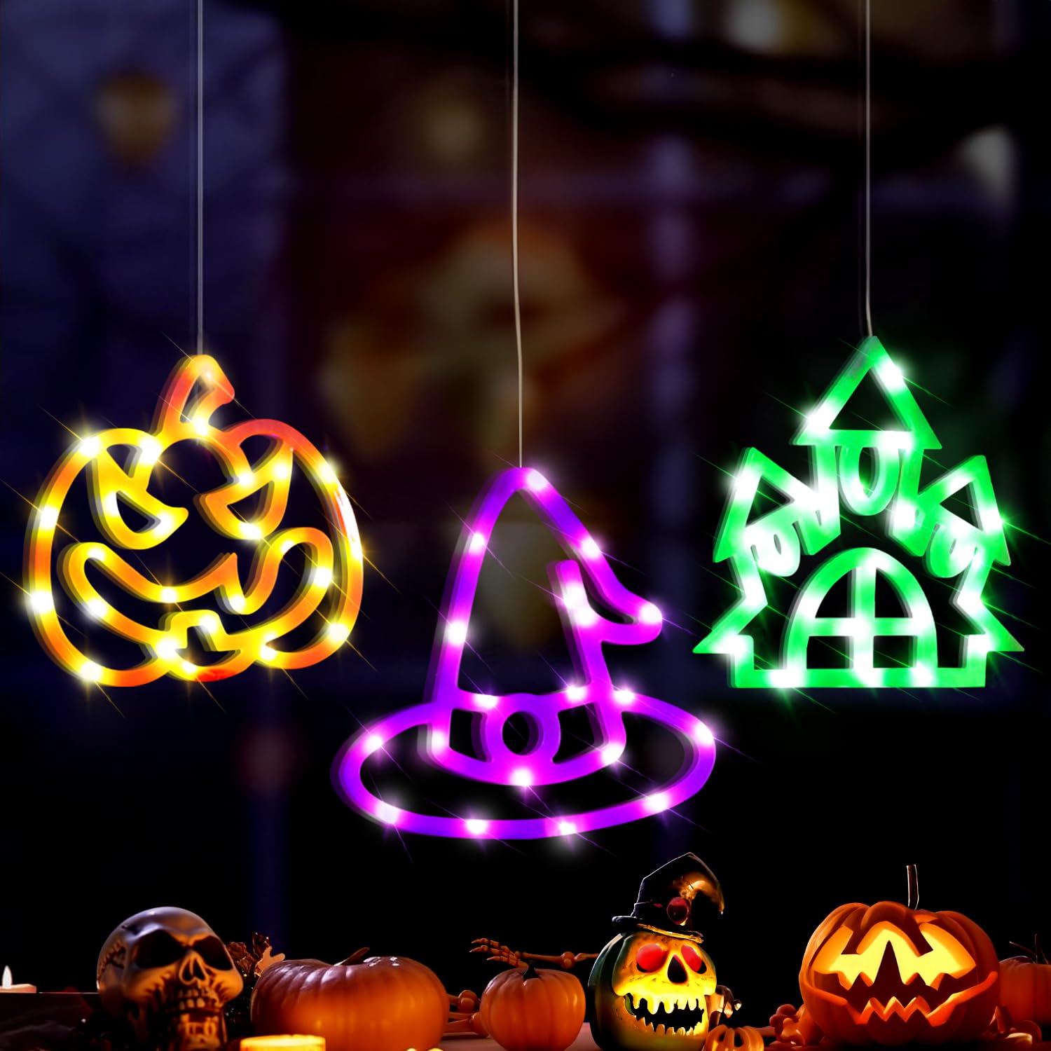 3 Pack Halloween Windows LED Lights Decoration Neon Orange Pumpkin Purple Wizard Hat Green Castles Décor for Home Party Indoor Outdoor