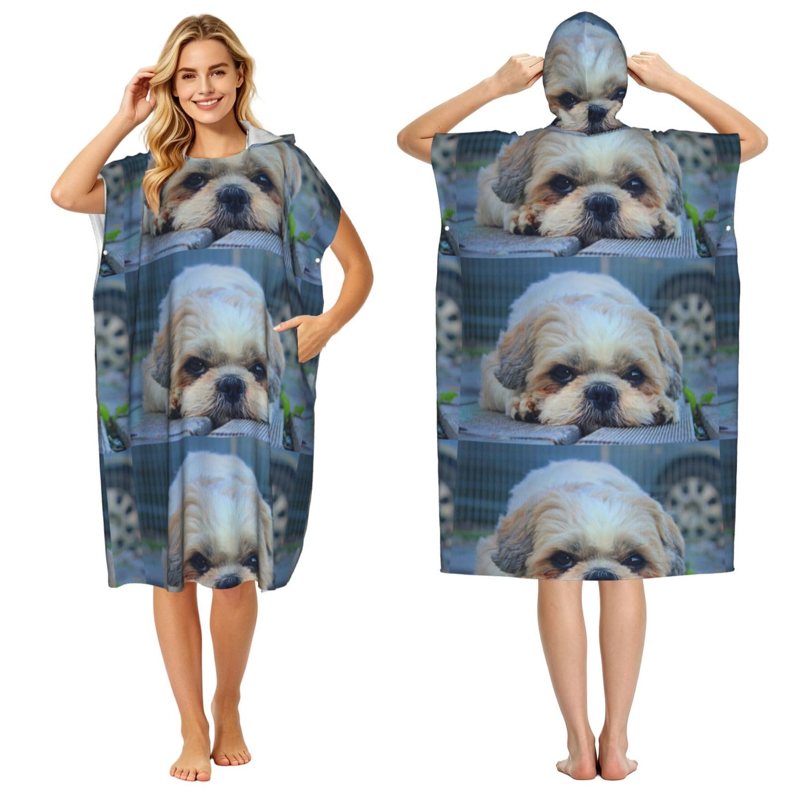 Poadnly Shih Tzu Dog, Adult Hooded Beach Towel 90 x 110 cm,Changing Bath Robe, Surf Poncho Towel For Women Men