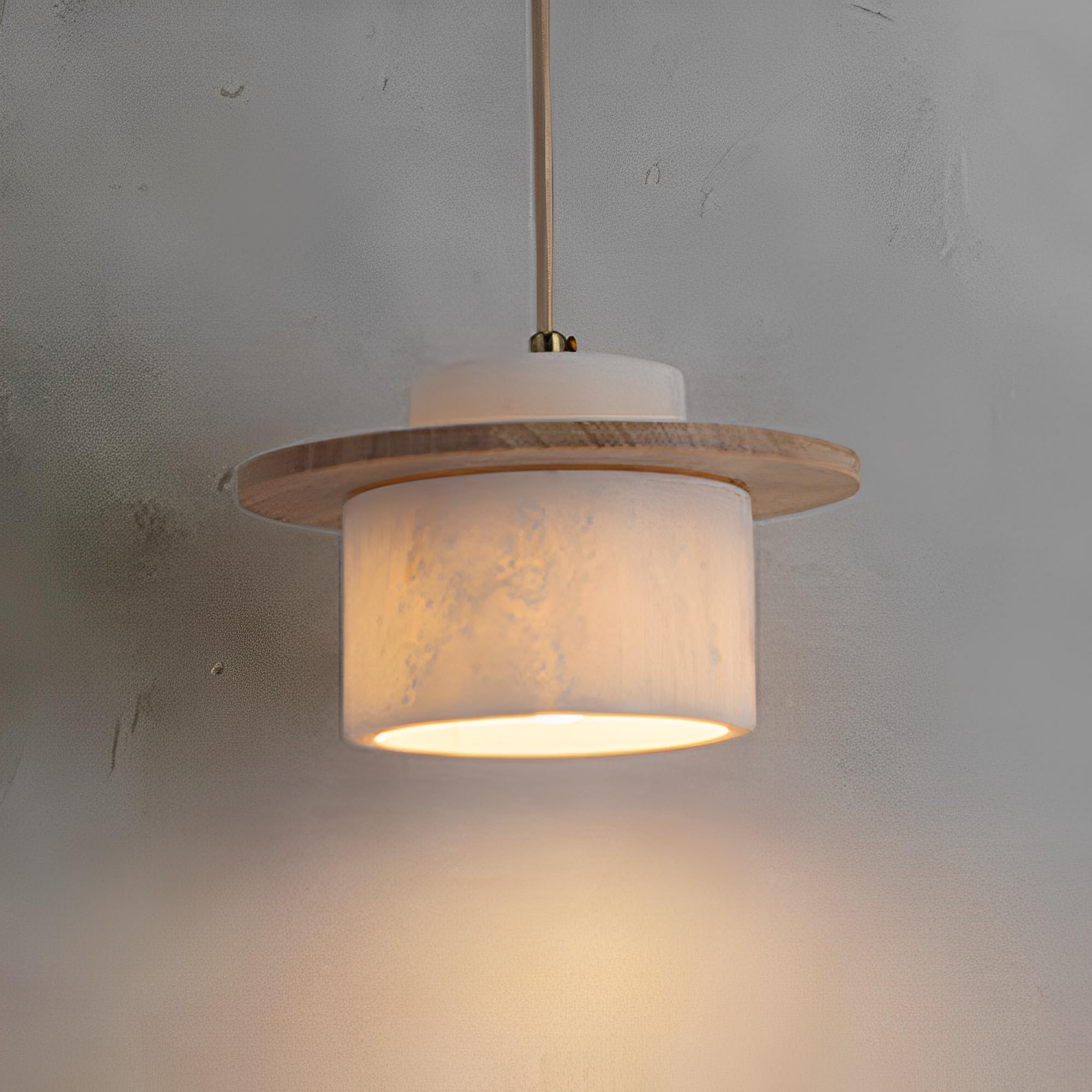 KBUUKYYXouy White Marble Pendant Light for Kitchen Island Mini Alabaster Hanging Lighting with Wood Decor Height Adjustable Stone for Living Room Dining Hallway(20CM)