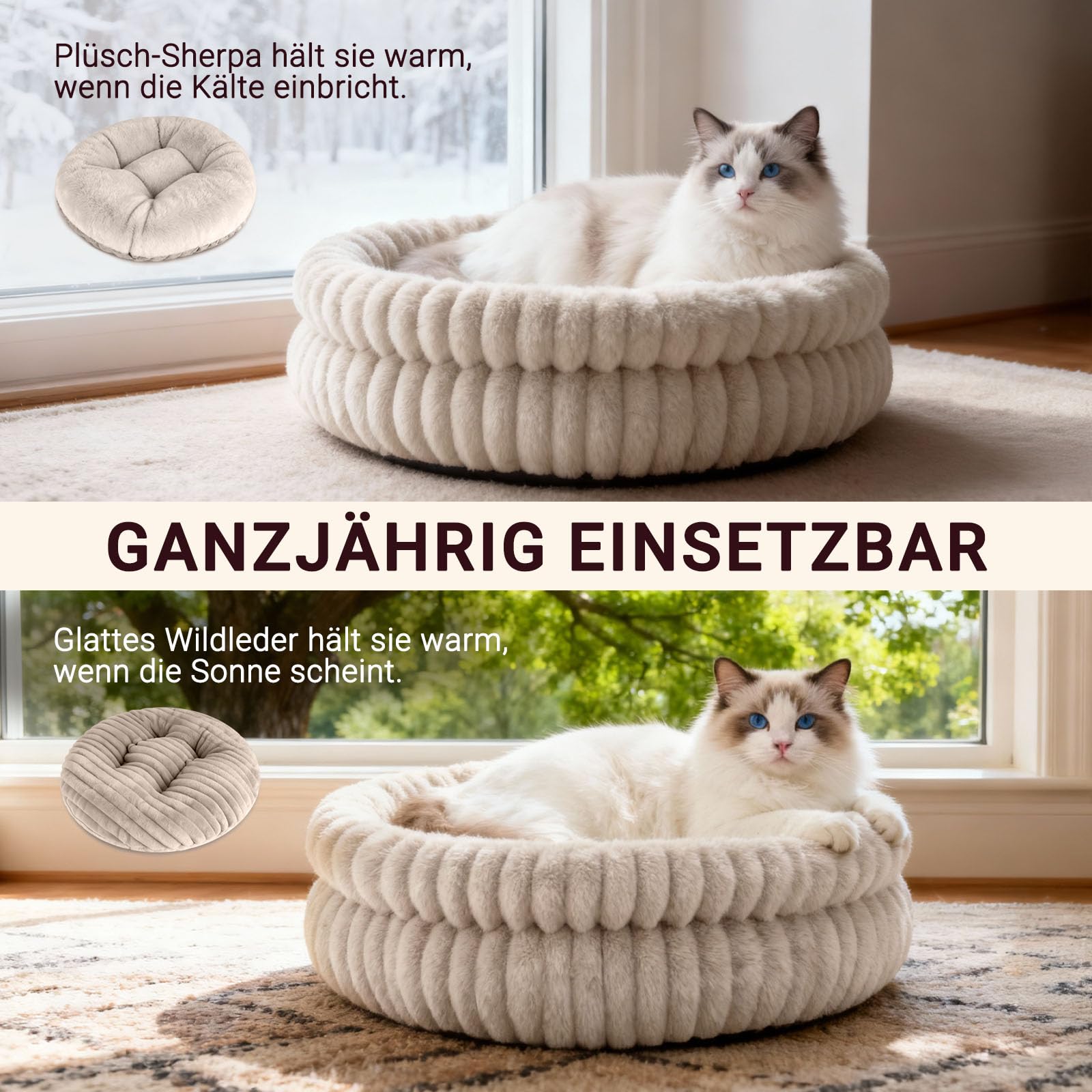EDMIENS Katzenbett, Waschbar Indoor Katzenbett Flauschig, Rund Katzenkissen, zweiseitig Innenkissen Katzen Bettchen, Katzenkörbchen mit Rutschfester Basis fur Katzen, kleine Hunde (51x51x20cm, Braun)