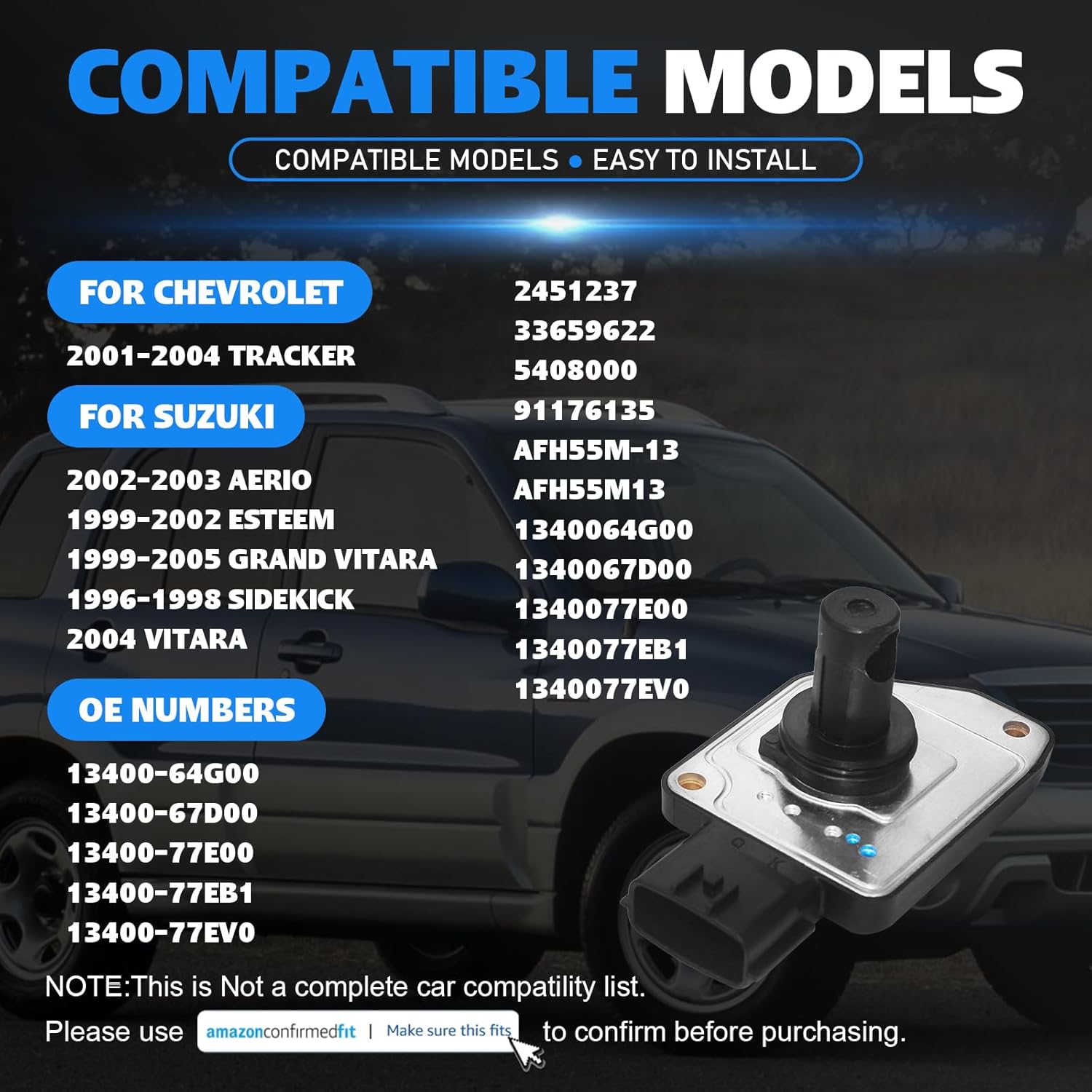 AFH55M-13 Mass Air Flow MAF Meter Sensor for Chevrolet Tracker 2001-2004 Suzuki Aerio 2002-2003 Esteem 1999-2002 Grand Vitara 1999-2005 Sidekick 1996-1998 Vitara 2004 Replace 13400-64G00 13400-67D00