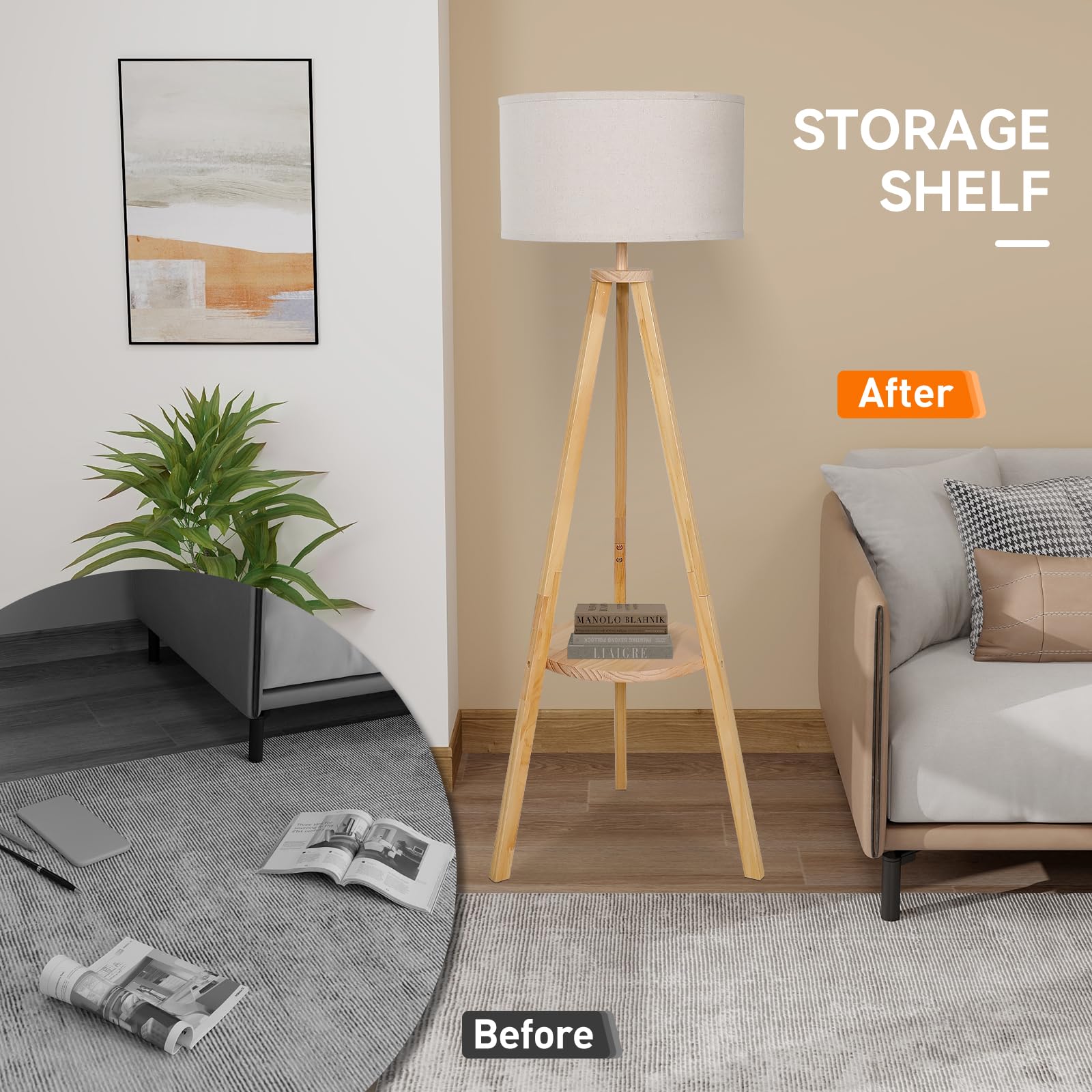 YU YUSING Stehlampe Wohnzimmer mit Ablage und Stoffschirm in leinen, 157cm | Leselampe Stehlampe mit E27 Fassung, Stativ aus Holz, Skandinavischer Stil Stehleuchte für Wohnzimmer Schlafzimmer Büro