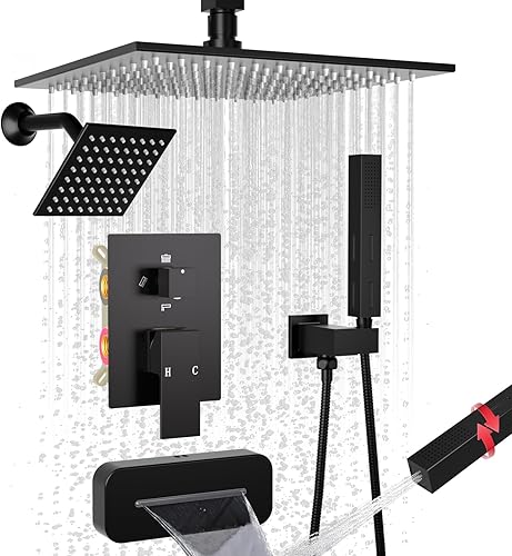 Vista 100 de Enga Sistema de ducha con chorros corporales de 12 pulgadas, ducha de lluvia montada en la pared y pulverizadores de mano de latón de cuerpo