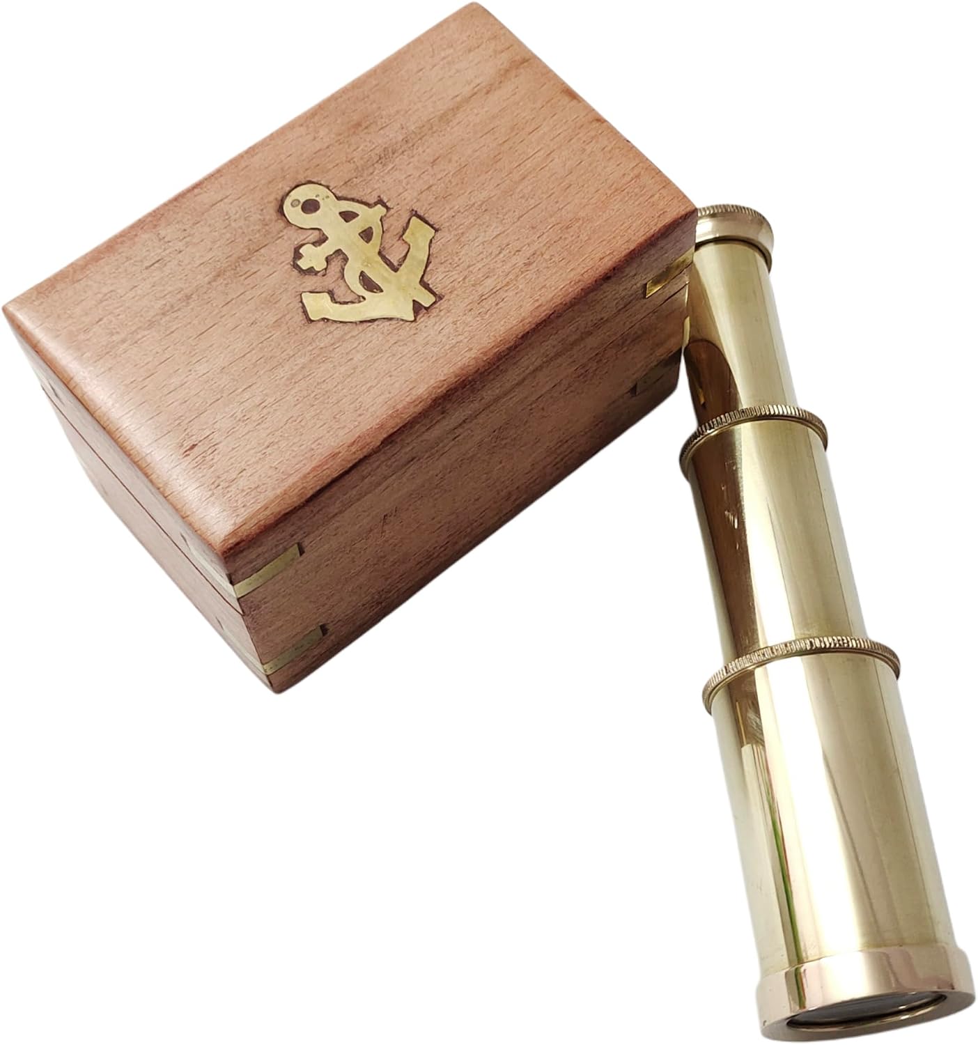 6'' Brass Mini Handheld Telescope with Natural Wooden Box Nautical Handmade Pirate Spyglass Telescope Collectibles