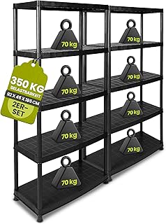 Kreher 2 Stück XXL Kunststoffregal, Schwerlastregal, Kellerregal 5 Böden, Schwarz, max. 350 kg Traglast pro Regal. TÜV Rheinland