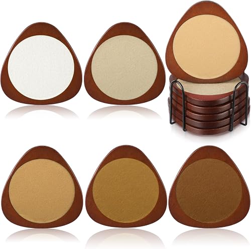 Newtay 6 Pcs Mid Century Modern Coasters Wood Absorbent Coaster with Stackable Holder Vintage Felt Coasters Decorative Drink Coaster Non-Slip, Non-Stick, Suitable for Kinds of Cup 4.3 Inch(Brown)