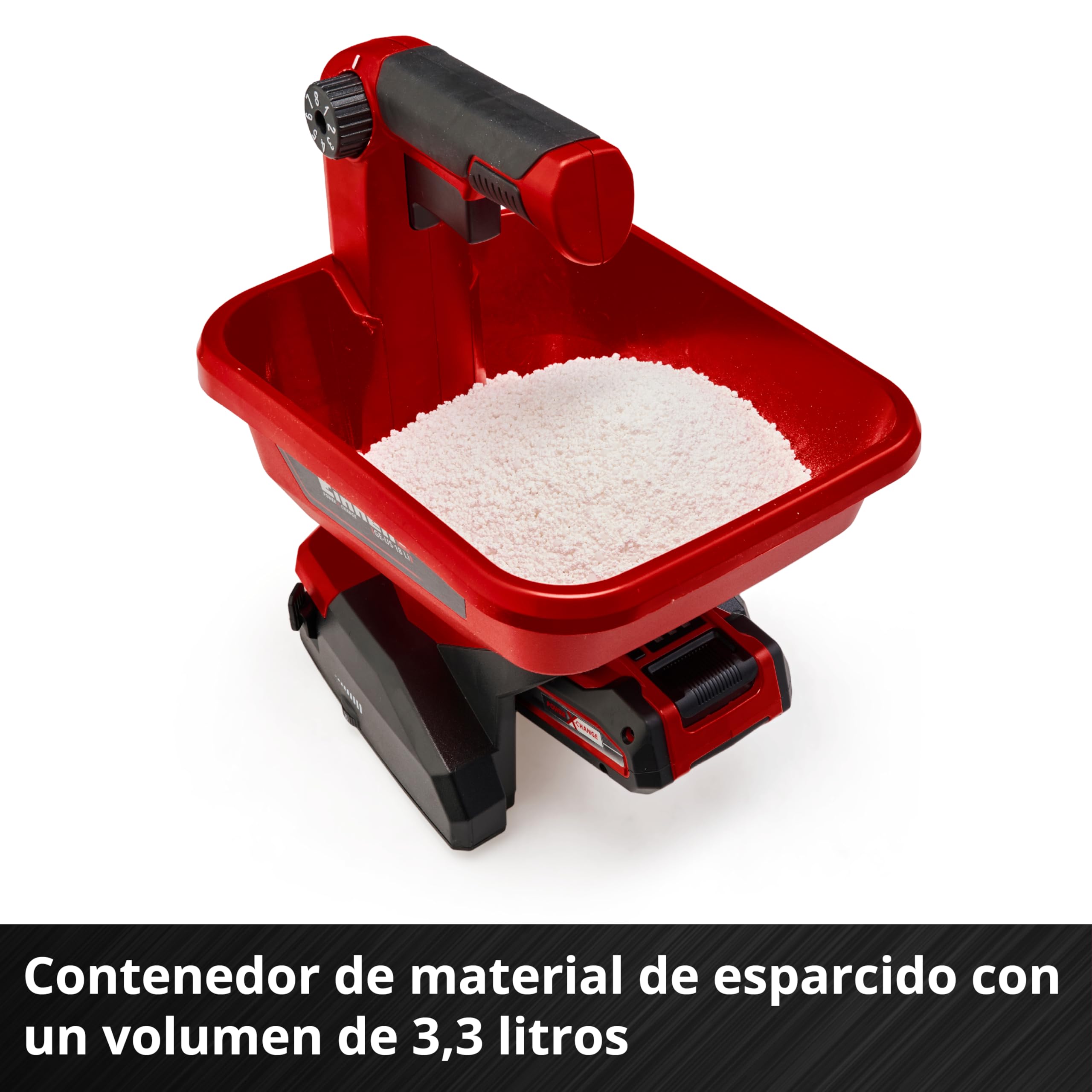 Einhell Esparcidor universal - GE-US 18 Li-Solo Power X-Change - 3,3 L, control de velocidad de 6 pasos, 8 configuraciones de volumen de esparcimiento | PXC - Depósito de 3,3 litros | electrónica de velocidad de 6 etapas | 8 niveles de regulación de la di