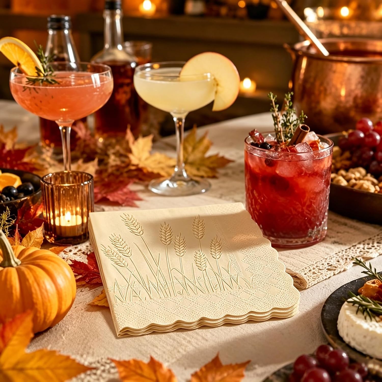 AnyDesign 50 Pcs Fall Cocktail Napkins Wheat Embossed Scalloped Napkins