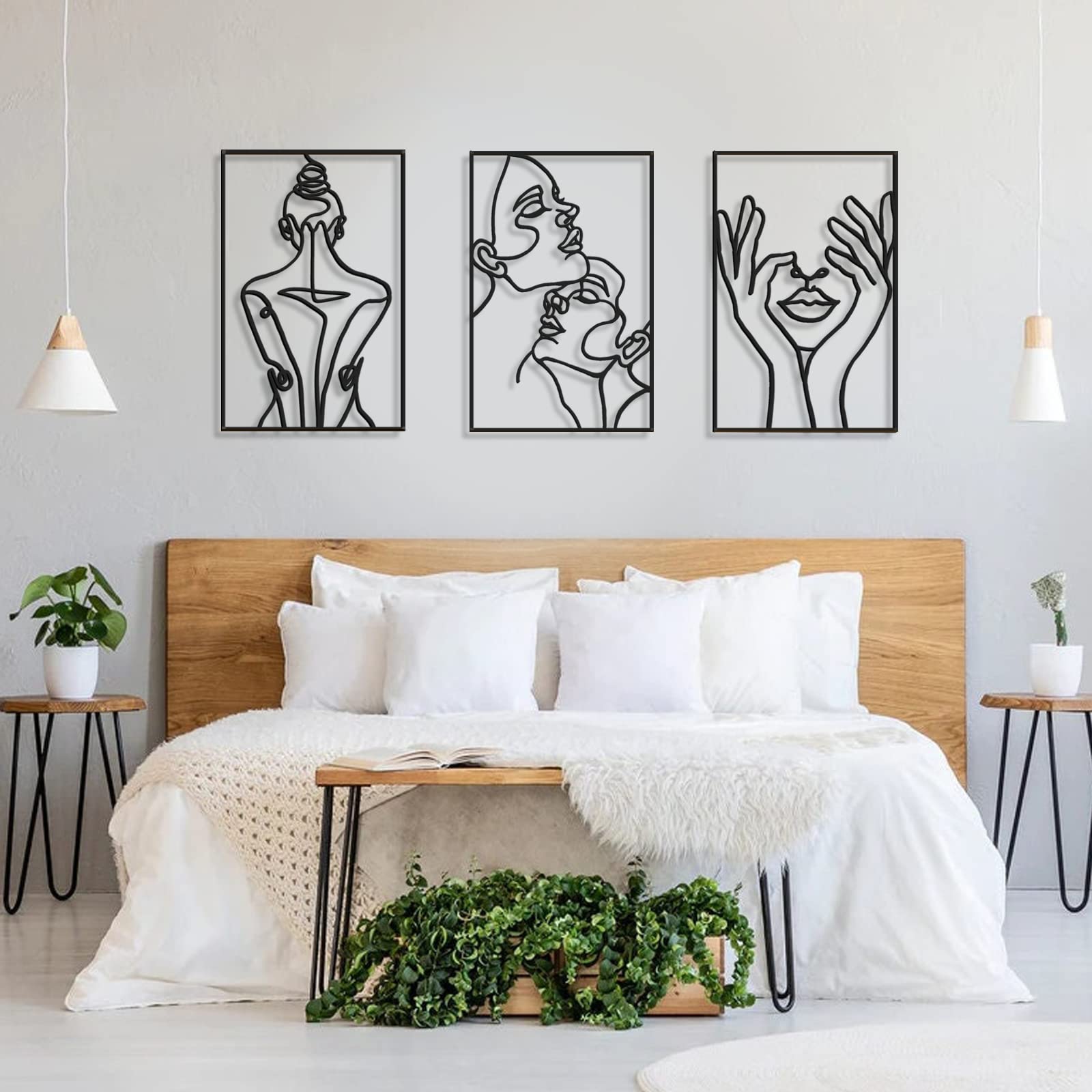 Blueyets 4 Pack Wall Decor, Large Real Metal Minimalist Wall Art, Modern Abstract Female Flower Woman Face Lover Single Line Wall Sculptures Set for Home Bedroom Living Room, Black B