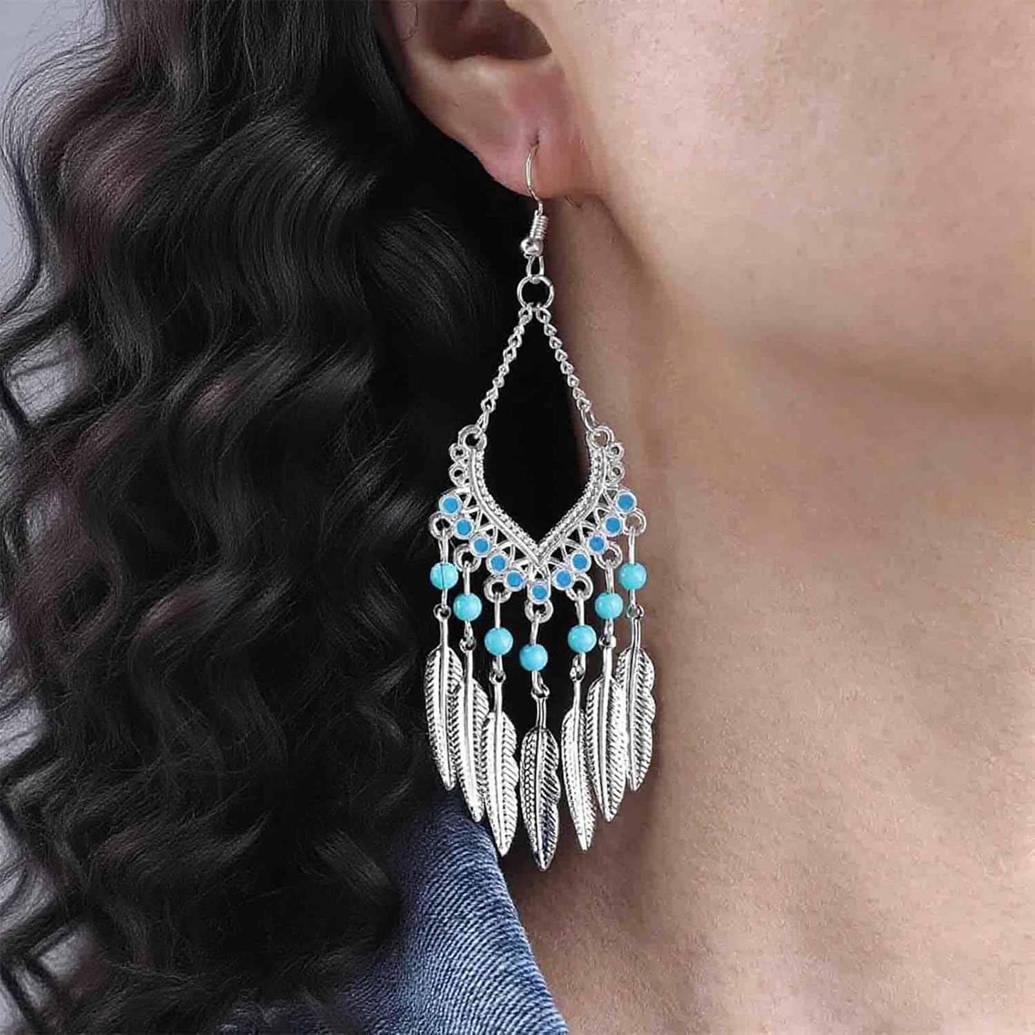 Boho Ethnic Leaf Drop Earrings Silver Leaf Tassel Earrings Turquoise Bead Earring Leaves Chandelier Earring Tribal Bead Dangle Beaded Feather Jewelry for Women - Image 2