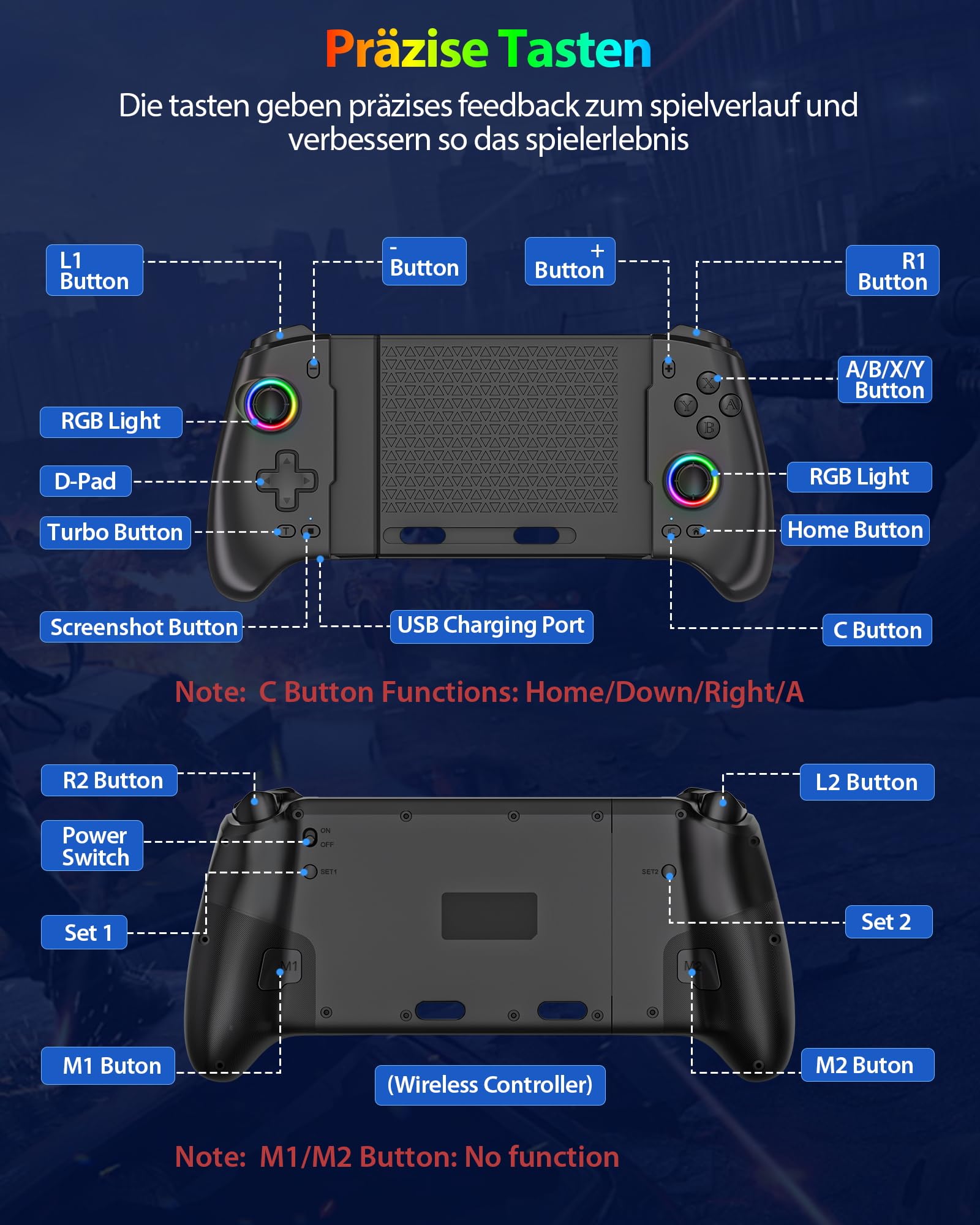 ZRZLMVP Controller Wireless Switch Pro per Switch 2/Switch 1/Switch OLED - Controller da gioco estensibile per PC con 16 luci RGB, Joystick effetto Hall, Programmierbar, Wake Up, Turbo, Vibrazione
