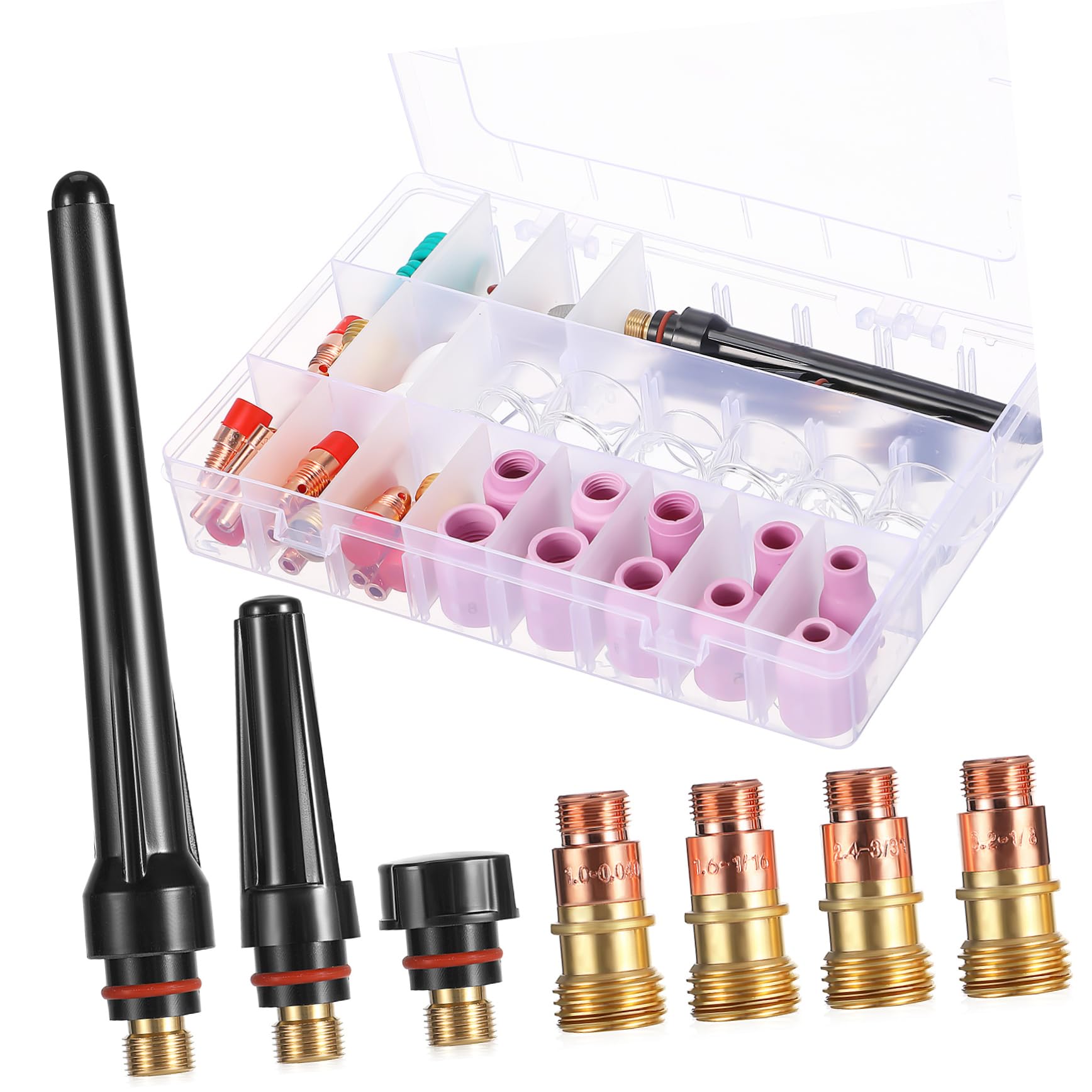 Veemoon Kit de Accesorios de Soldadura Tig Cuerpo de Pinzas y Copas de Vidrio, Acero Inoxidable y Plástico, Portátil para Proyectos de Soldadura Precisos