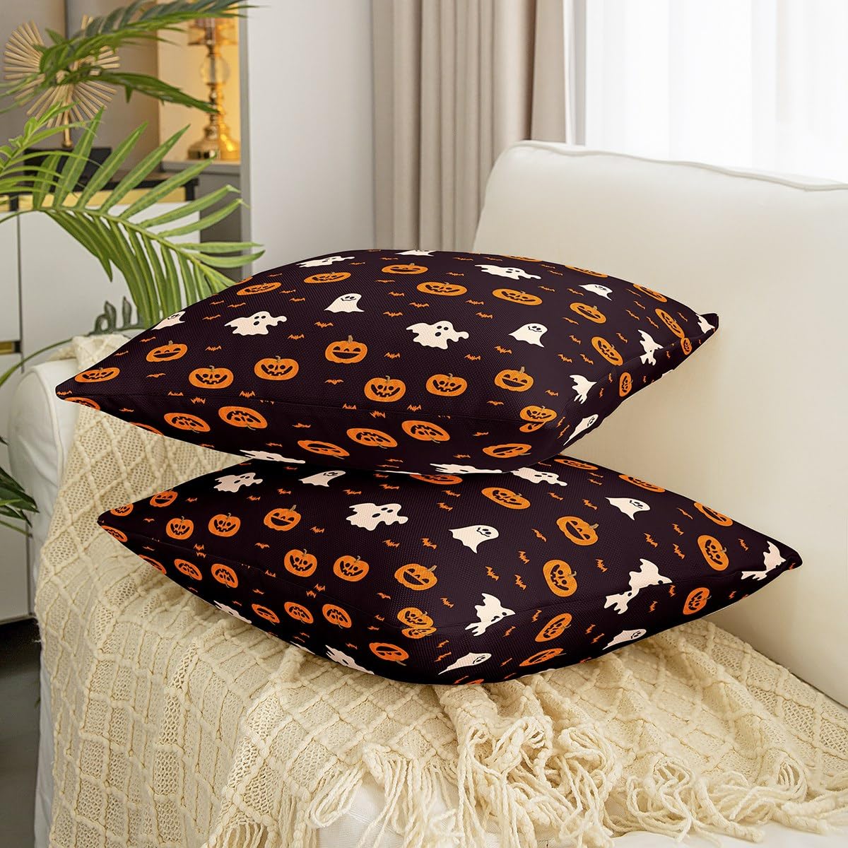 Loussiesd Set di 2 federe decorative per cuscini a forma di zucca, 60 x 60 cm, morbide federe decorative per Halloween, motivo: zucca, lanterna, federe per cuscini fantasma
