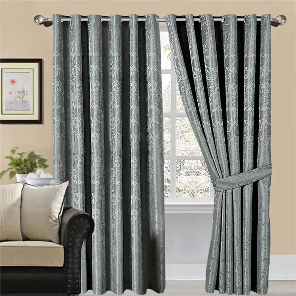 Online Bedding Jacquard Curtains For Bedroom - Fully Lined Eyelet Ring Top With Pair Tieback - Energy Saving lightweight curtains (Silver, 90″x 108″ (228cm x 274cm)) — image 1