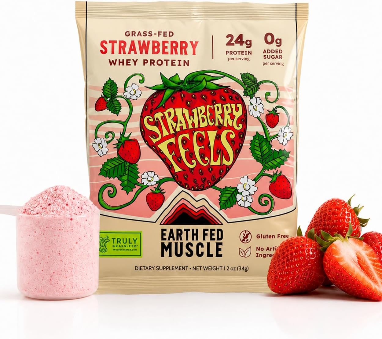 Earth Fed Muscle Whey Back Irish Grass Fed Whey Protein Isolate – Strawberry Feels Forever Single Serve Packet