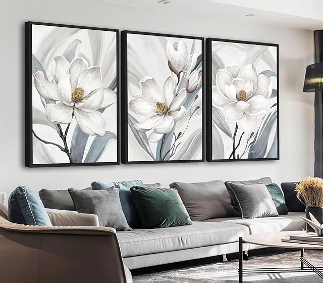 ASDCEUTICALS Framed Canvas Art mural - Floral Esthétique Decor mural Delicate Magnolia Peintures Fleurs blanches vibrantes Photos Artwork pour le salon Chambre à coucher Bureau Cuisine 40cm X 60cm X 3 Panneaux