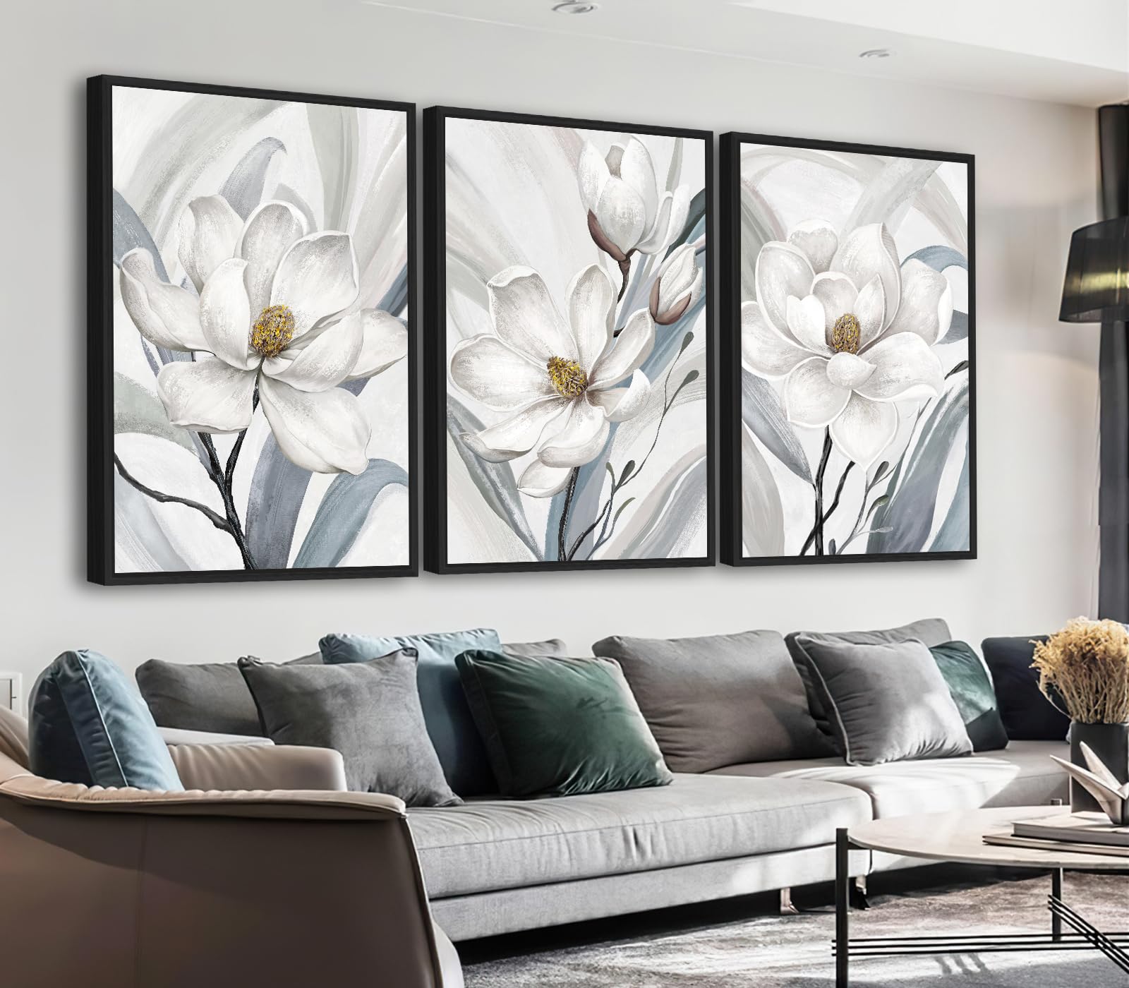 ASDCEUTICALS Framed Canvas Wall Art - Floral Aesthetic Wall Decor Delicate Magnolia Paintings Vibrant White Flowers Pictures Artwork for Living Room Bedroom Office Kitchen 16" X 24" X 3 Panels
