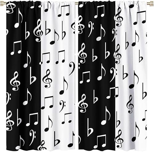 Miniatura 8 de Cortinas de música retro, notas musicales abstractas en blanco y negro, con bolsillo para barra, cortinas opacas para ventana para sala de estar,