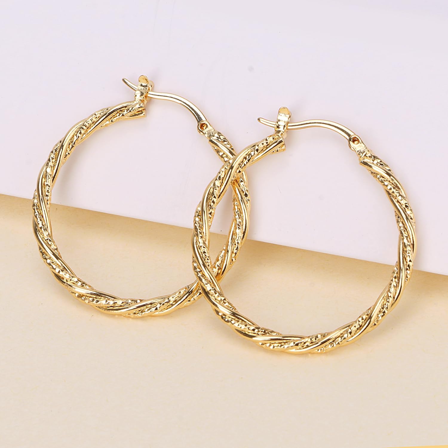 Gold Hoop Earrings for Women, 14K Gold Earrings Twisted Detailing Hypoallergenic Lightweight Earring Mother’s Day Gifts 35MM - Image 2