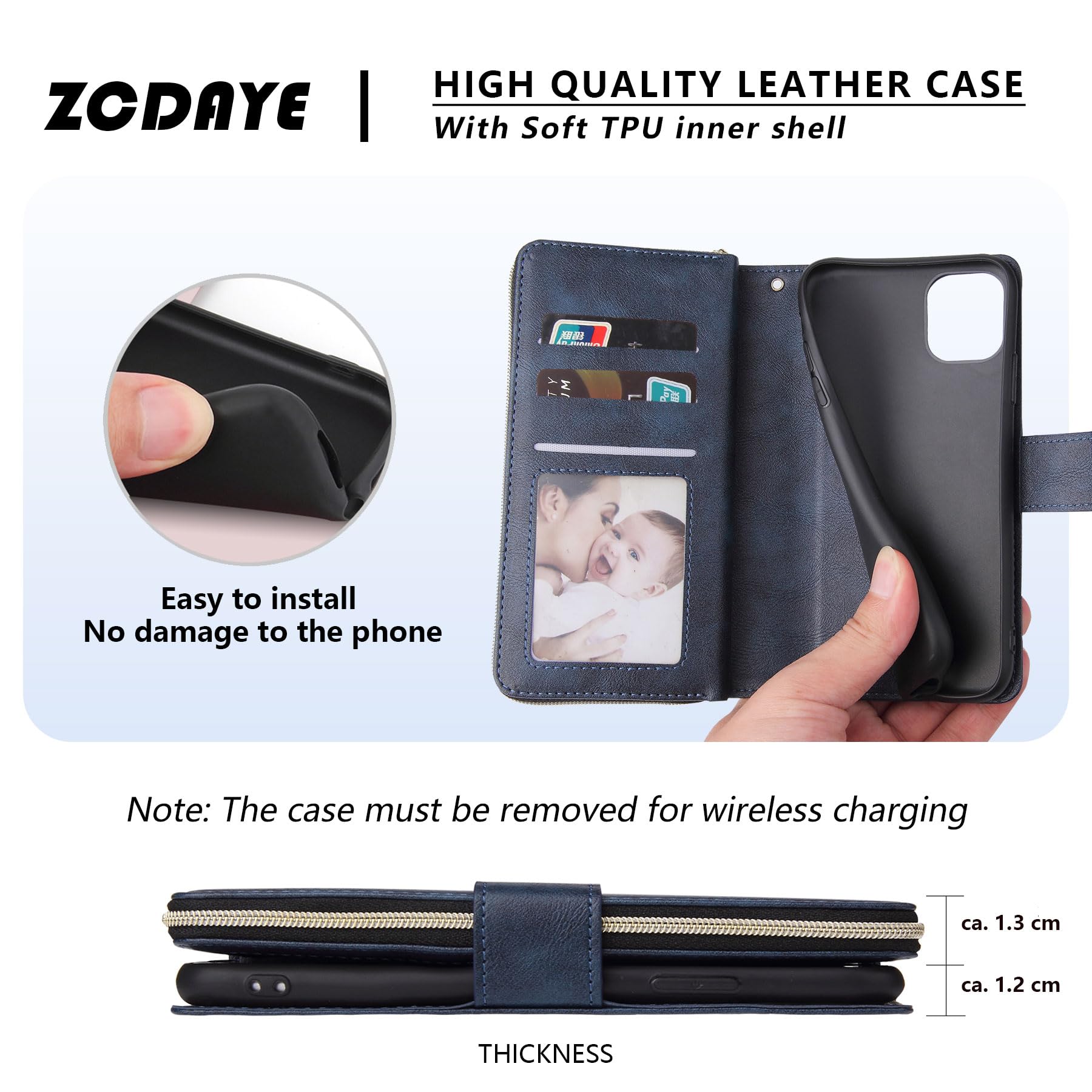 ZCDAYE Custodia a portafoglio per iPhone XR, Premium, con chiusura magnetica, tasca con cerniera, in pelle PU, con 9 scomparti per carte di credito, per iPhone XR 6,1", blu scuro