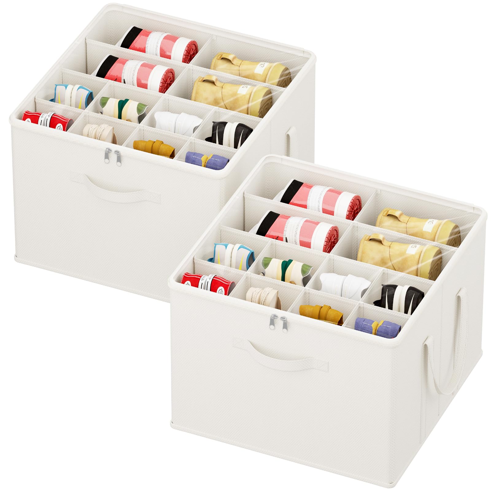 Lifewit Shoe Storage Organizer for Closet Fits 12-16 Pairs, Fabric Large Shoe Box Storage Container with Clear Cover, Foldable Bins Fit for Boots Heels Sneakers, 2 Pack White