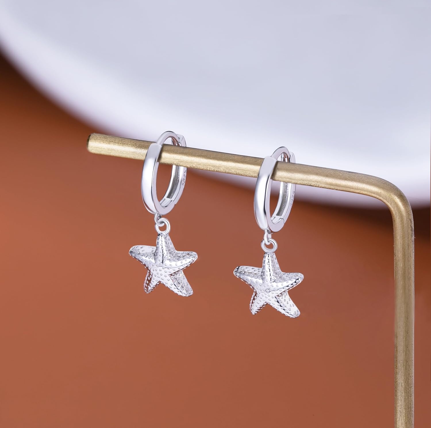 Reffeer Solid 925 Sterling Silver Starfish Hoop Earrings Drops for Women Girls Beach Starfish Earrings Huggie