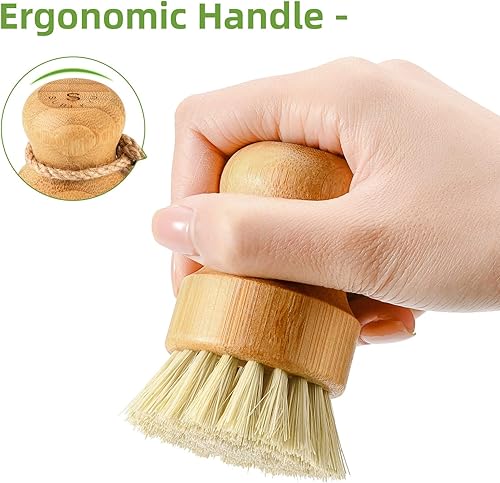 Miniatura 5 de SUBEKYU Juego de 2 cepillos de bambú para limpiar platos, juego de limpieza de madera para lavar sartenesollas de hierro fundido