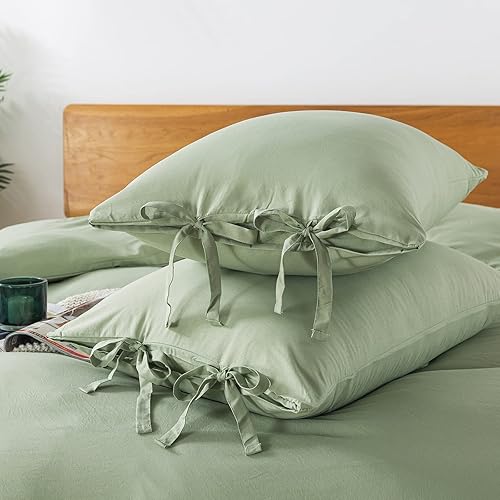 Miniatura 5 de Caressma Juego de funda de edredón bohemia con flecos y pompones, tamaño Queen, microfibra lavada suave, 3 piezas, funda de edredón verde salvia