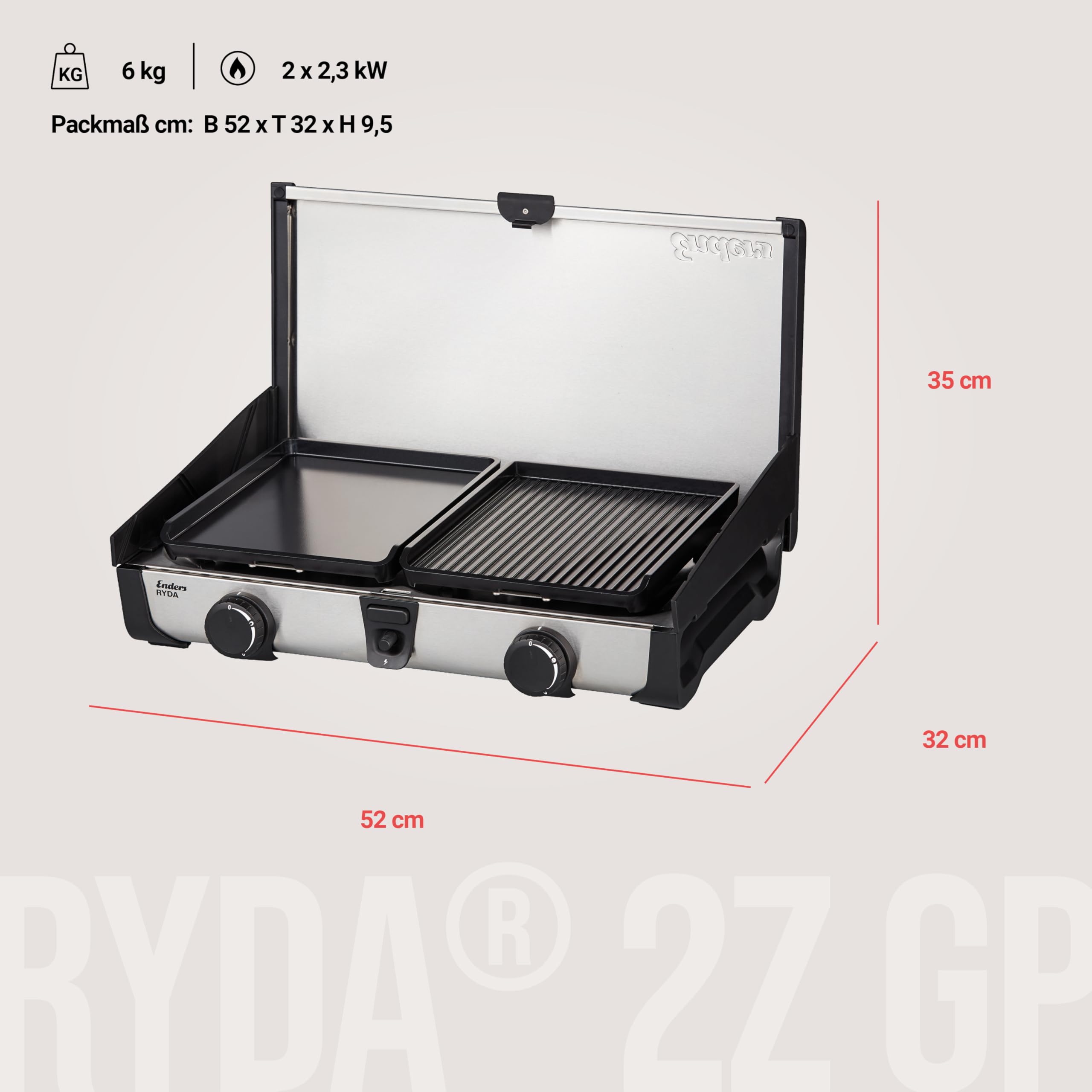 Enders Ryda 2Z GP, Gaskocher mit Zündsicherung, 2-flammig, Edelstahlbrenner 2x2,3 kW, klein und kompakt, inkl. Grillplatte, Gasschlauch und Windschutz, Campinggrill, #1883 | Mit Zündsicherung, Klein und kompakt, Inkl. Grillplatte, Inkl. Gasschlauch und Wi